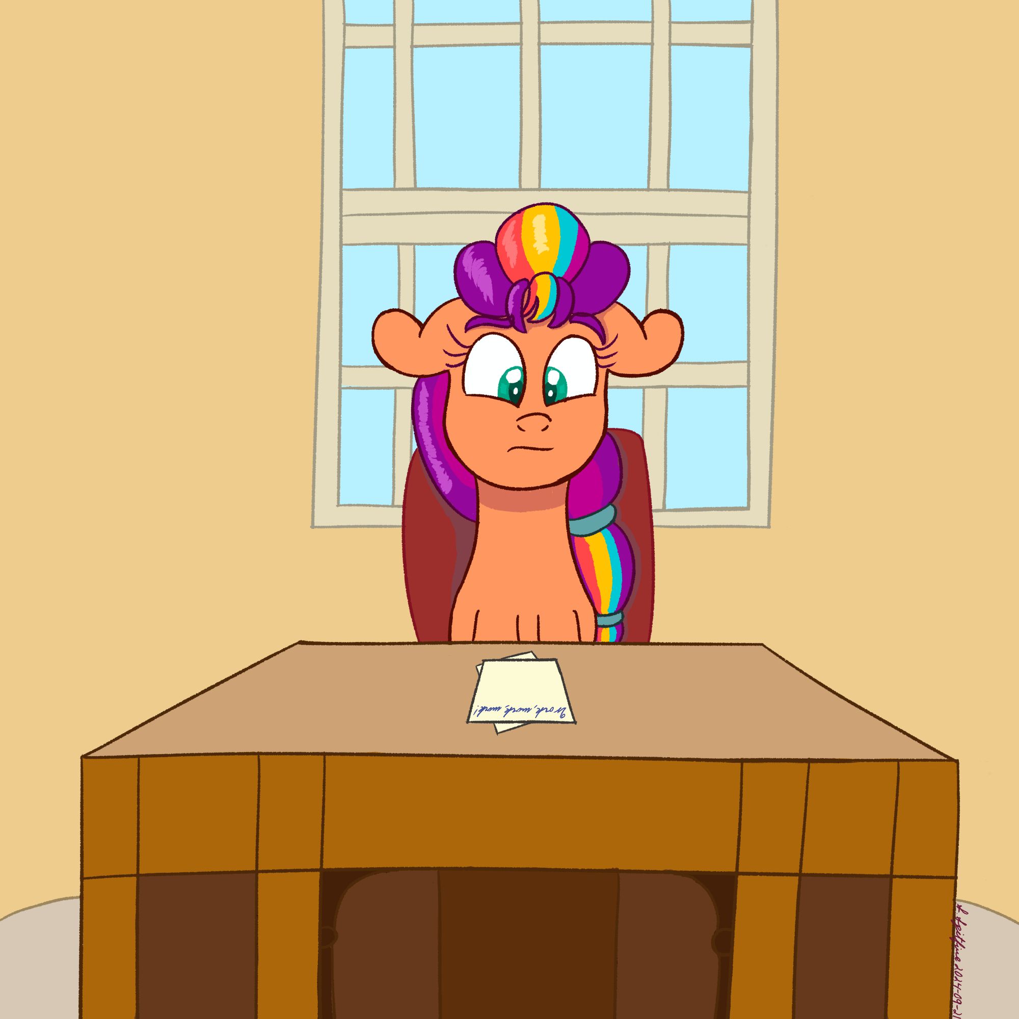 Sunny Starscout sitting at a desk with some papers with "Work, work, work!" written on it. Behind her is a window.