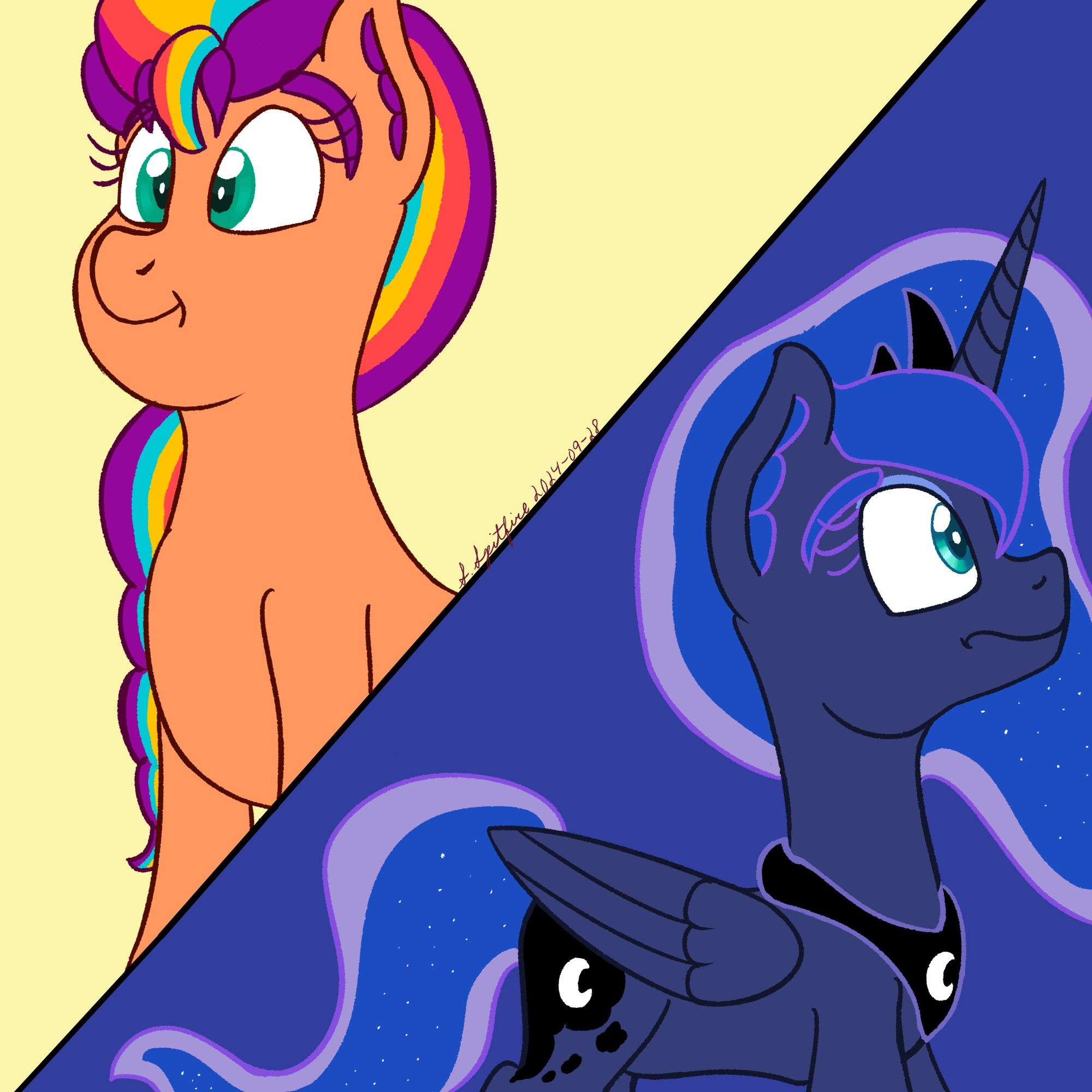 Split image of Sunny Starscout and Princess Luna with neutral expressions.