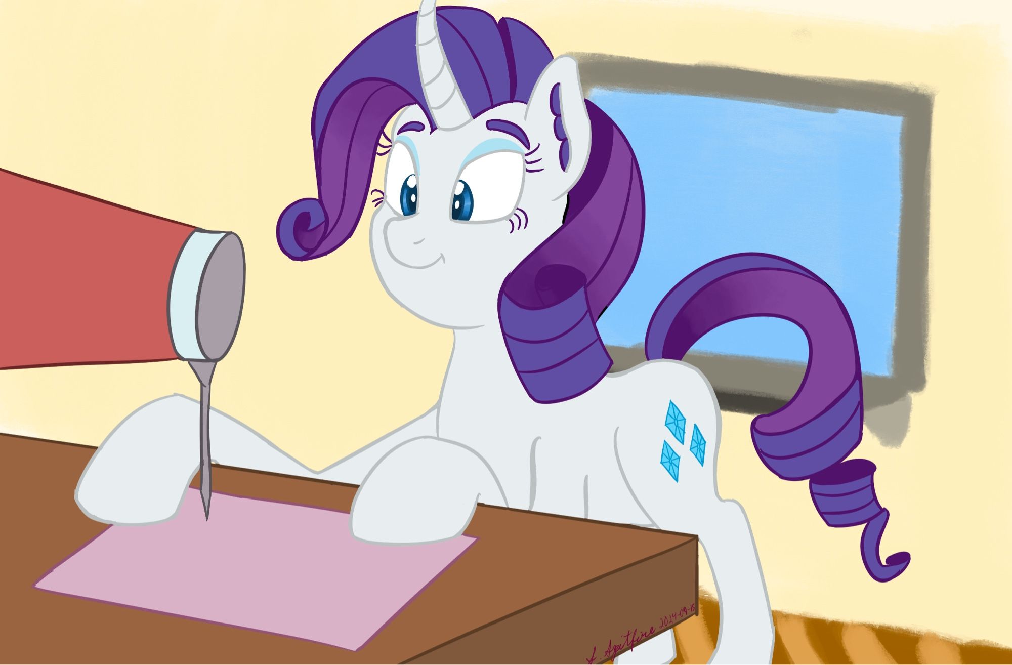 Rarity using a sewing machine. Behind her is a window.