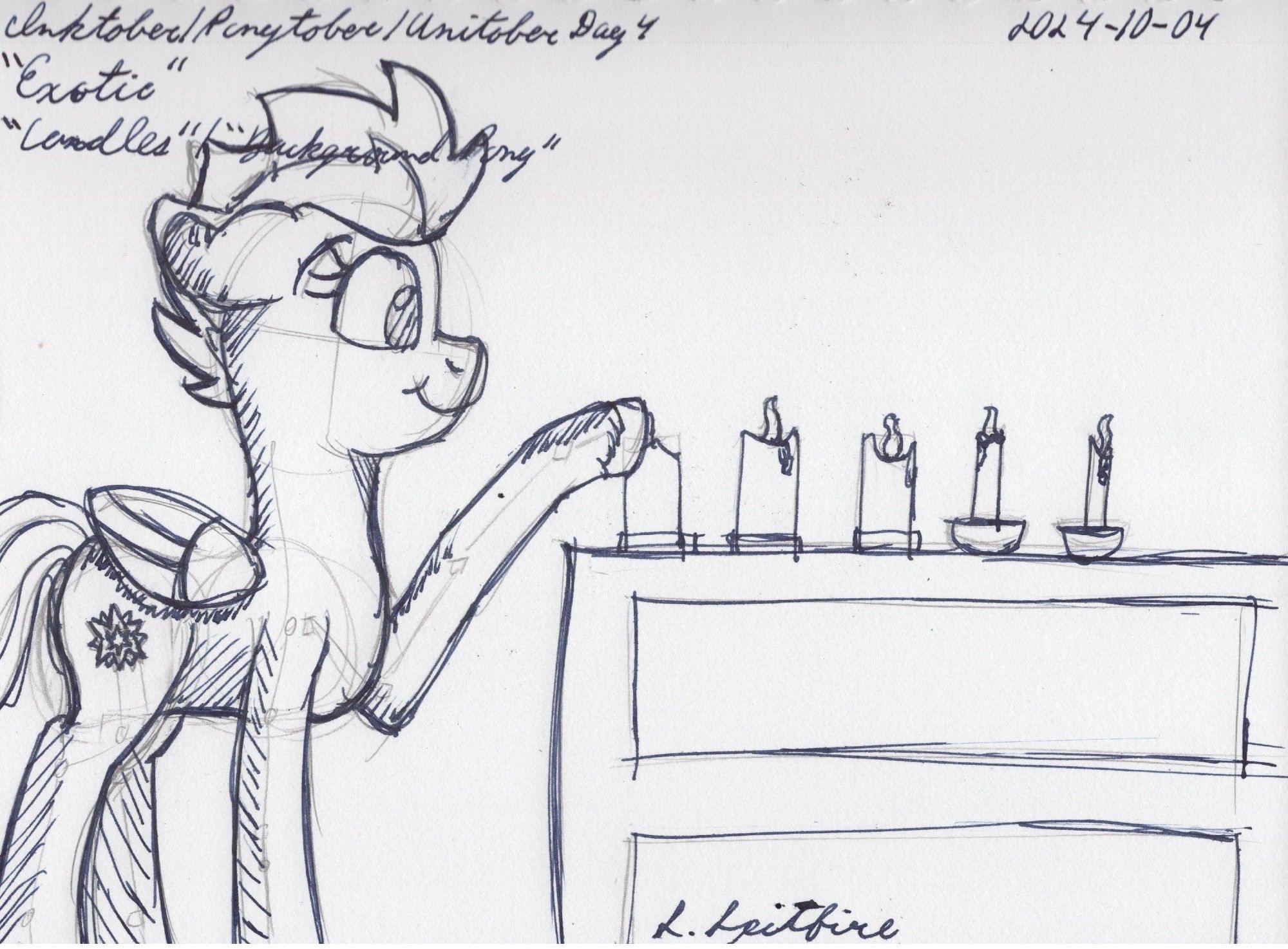 Luminous Dazzle reaching out to a collection of five candles on top of a dresser. One of the candles, on which she has her hoof, is unlit. The remaining four are lit.