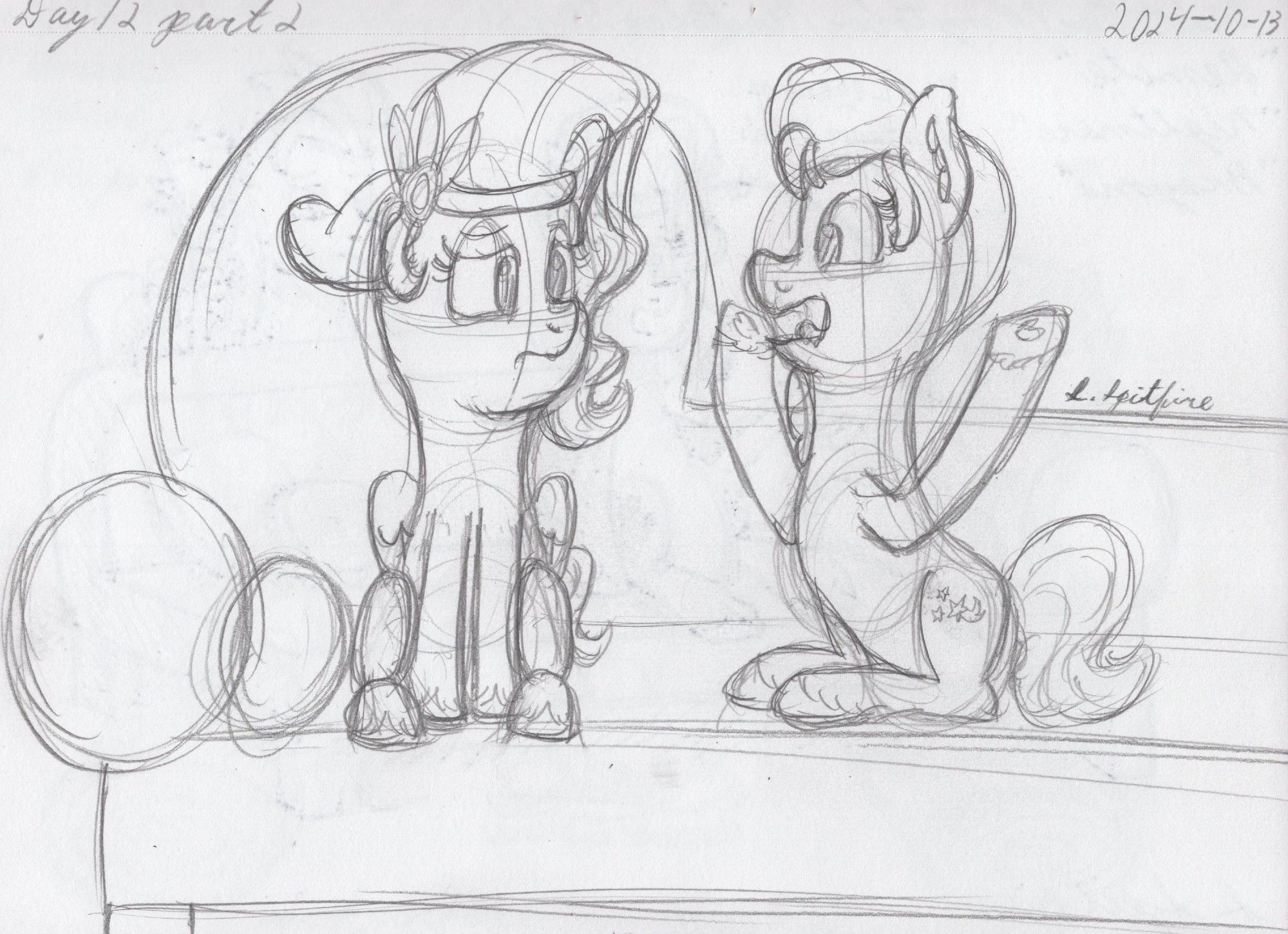 A pencil sketch of Sunny and Pipp sitting on a sofa. Pipp is looking at Sunny in confusion as the latter, hooves up, is ranting about the film they are watching.