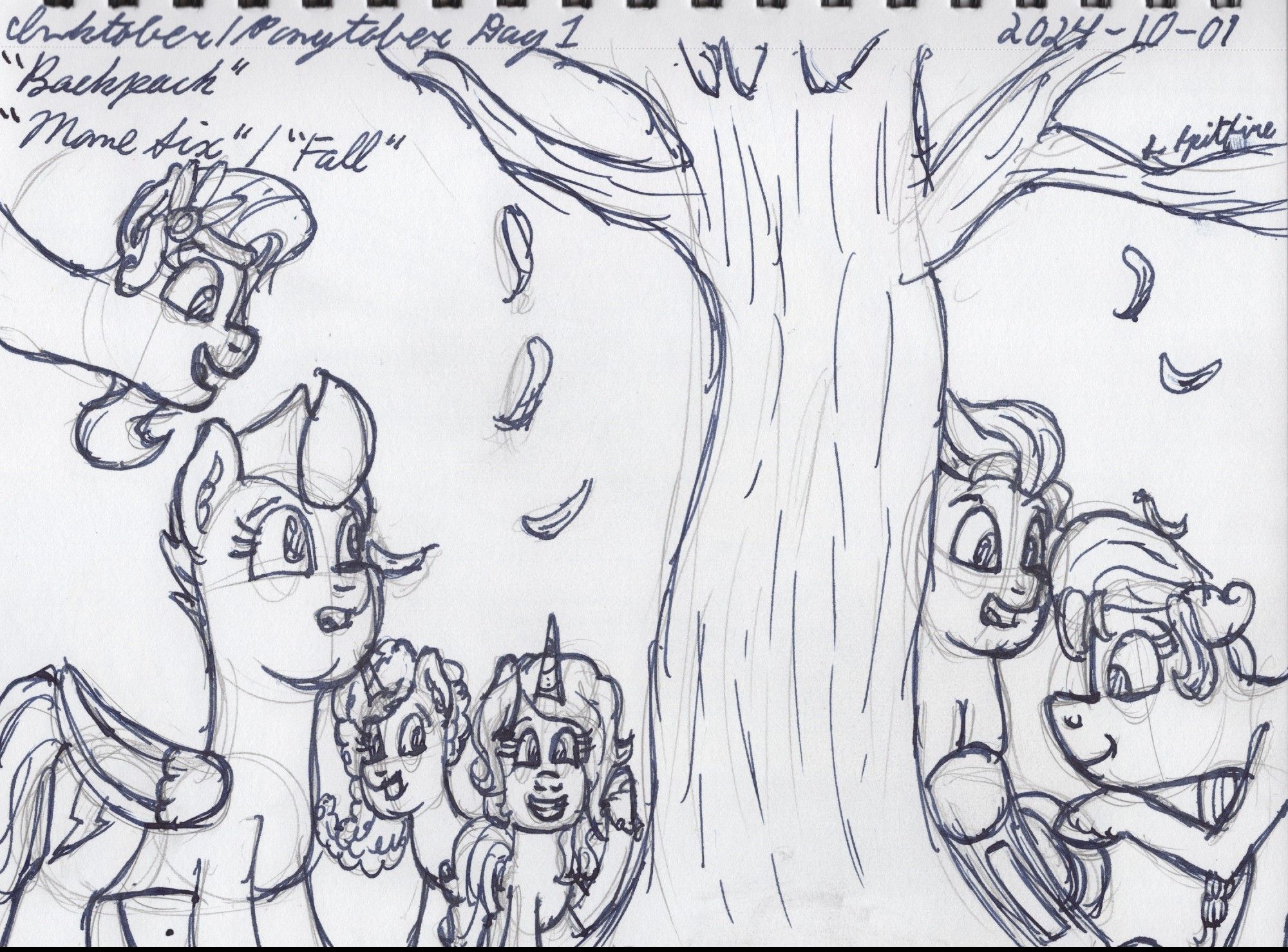 An ink sketch of the MLP G5 Mane Six ponies standing around a tree shedding its leaves. Sunny is touching a backpack that is resting on the tree.