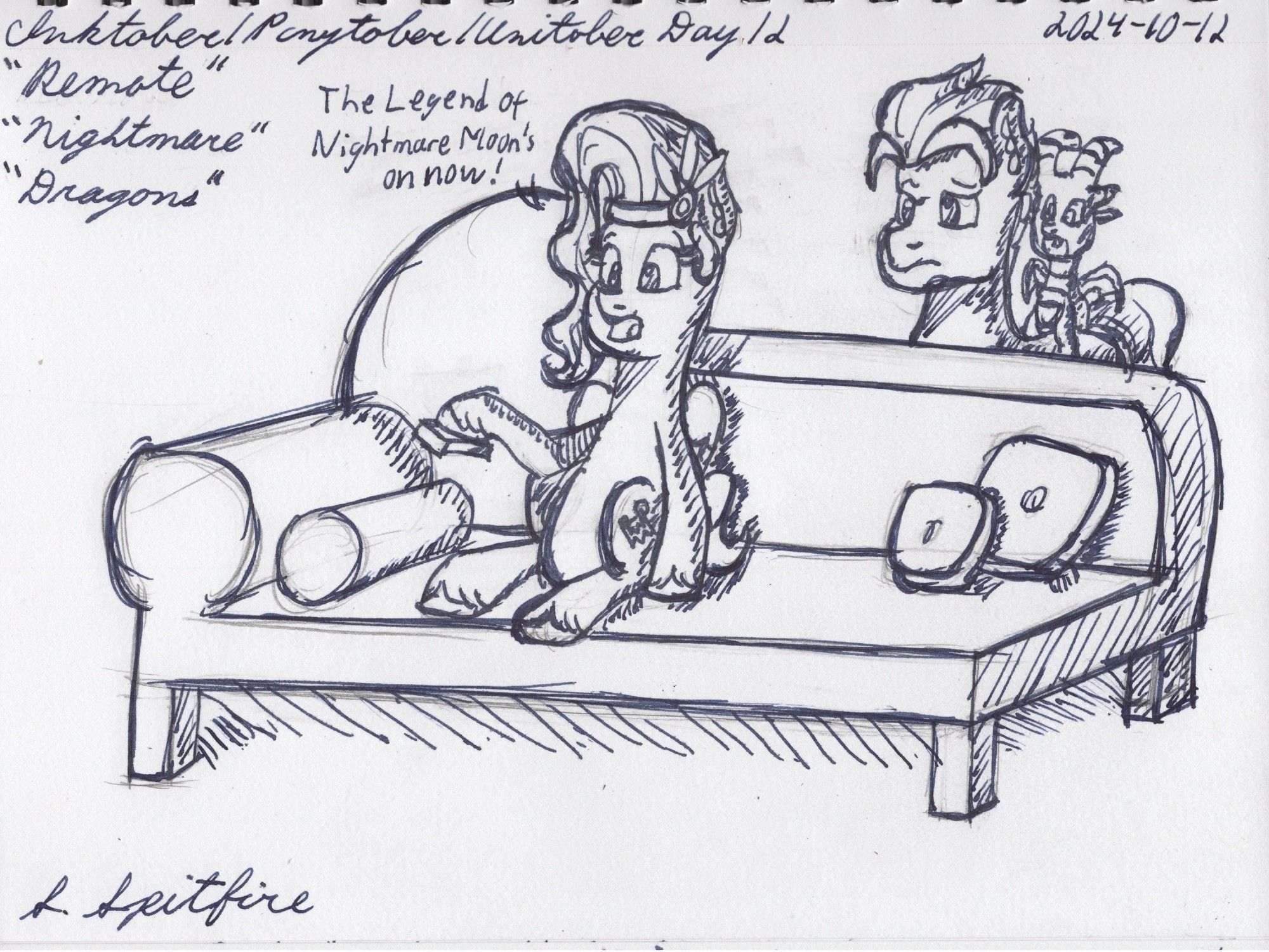 Pipp sitting on a sofa holding a remote control in her hoof. Behind her is Hitch, who has Sparky sitting on his back. Pipp is saying "The Legend of Nightmare Moon's on now!"