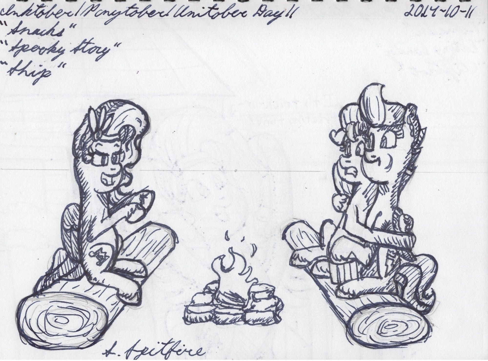 Sunny, Pipp, and Zipp sitting on logs around a campfire. Pipp is telling a scary story as Sunny hugs Zipp tightly in fear. Zipp is eating popcorn.