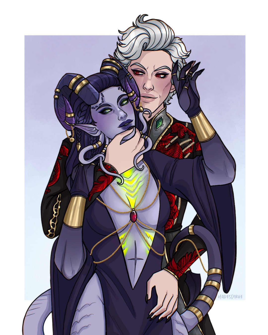 An imagine of Astarion from Baldur’s Gate 3 holding his tiefling consort with one hand on her waist and the other gripping her chin. They are looking affectionately at each other.