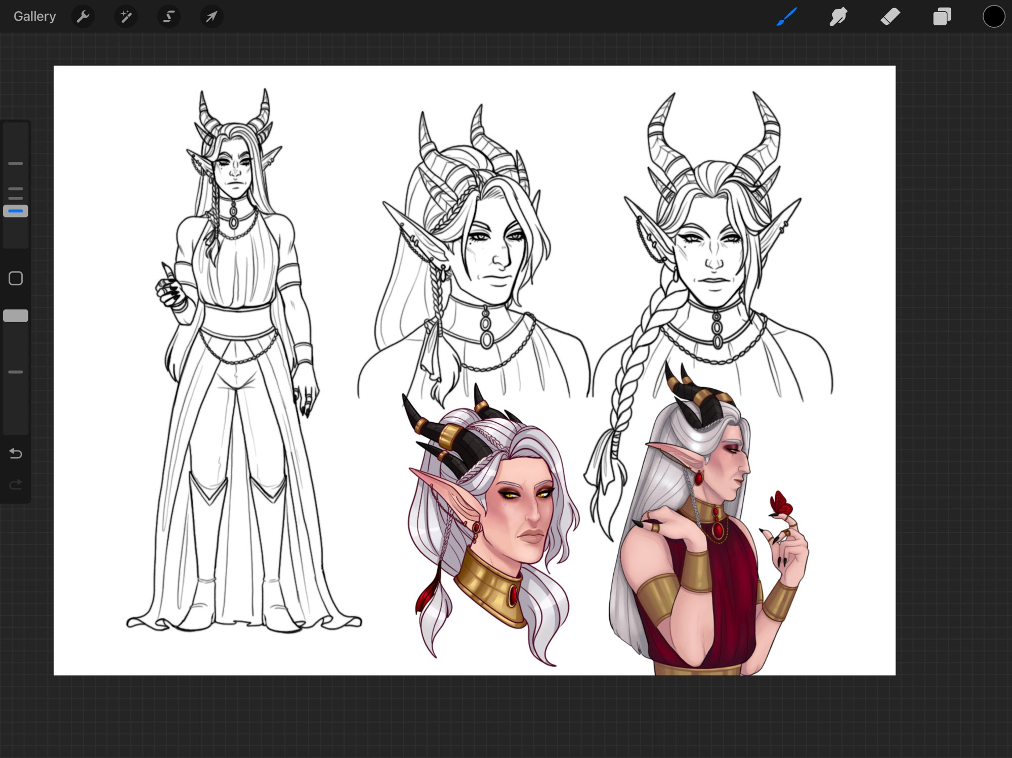 A character sheet with one full body of a horned elf, and four portraits of the same elf at varying angles. 