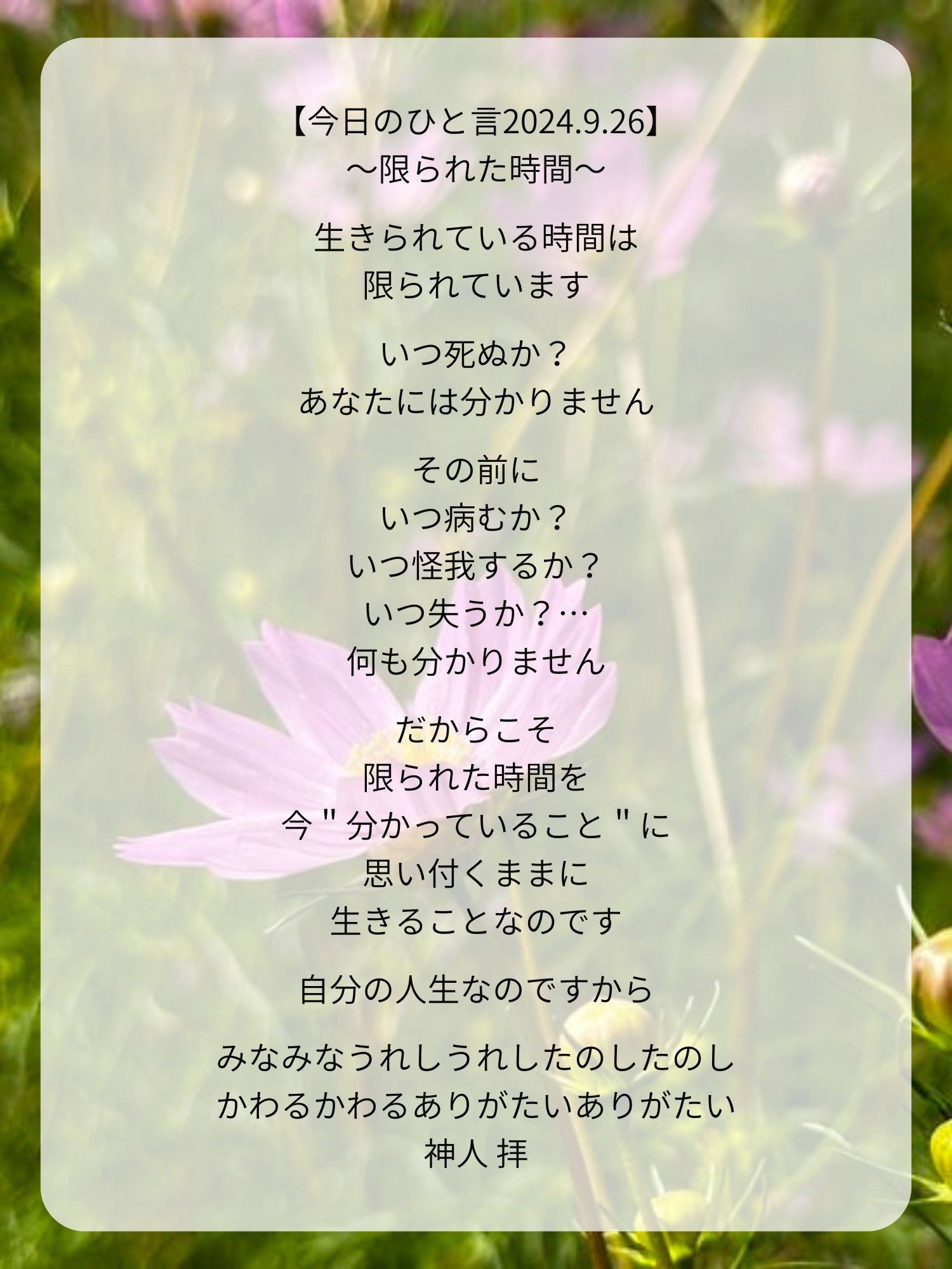 【今日のひと言2024.9.26】
〜限られた時間〜

生きられている時間は
限られています

いつ死ぬか？
あなたには分かりません

その前に
いつ病むか？
いつ怪我するか？
いつ失うか？…
何も分かりません

だからこそ
限られた時間を
今＂分かっていること＂に
思い付くままに
生きることなのです

自分の人生なのですから

みなみなうれしうれしたのしたのし
かわるかわるありがたいありがたい
神人 拝