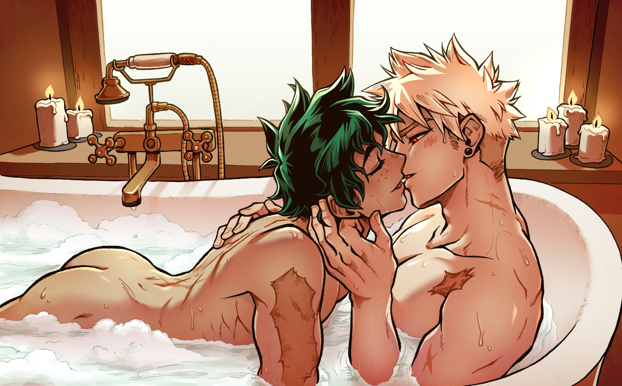 Bakugo and Deku sharing a kiss while taking a bath