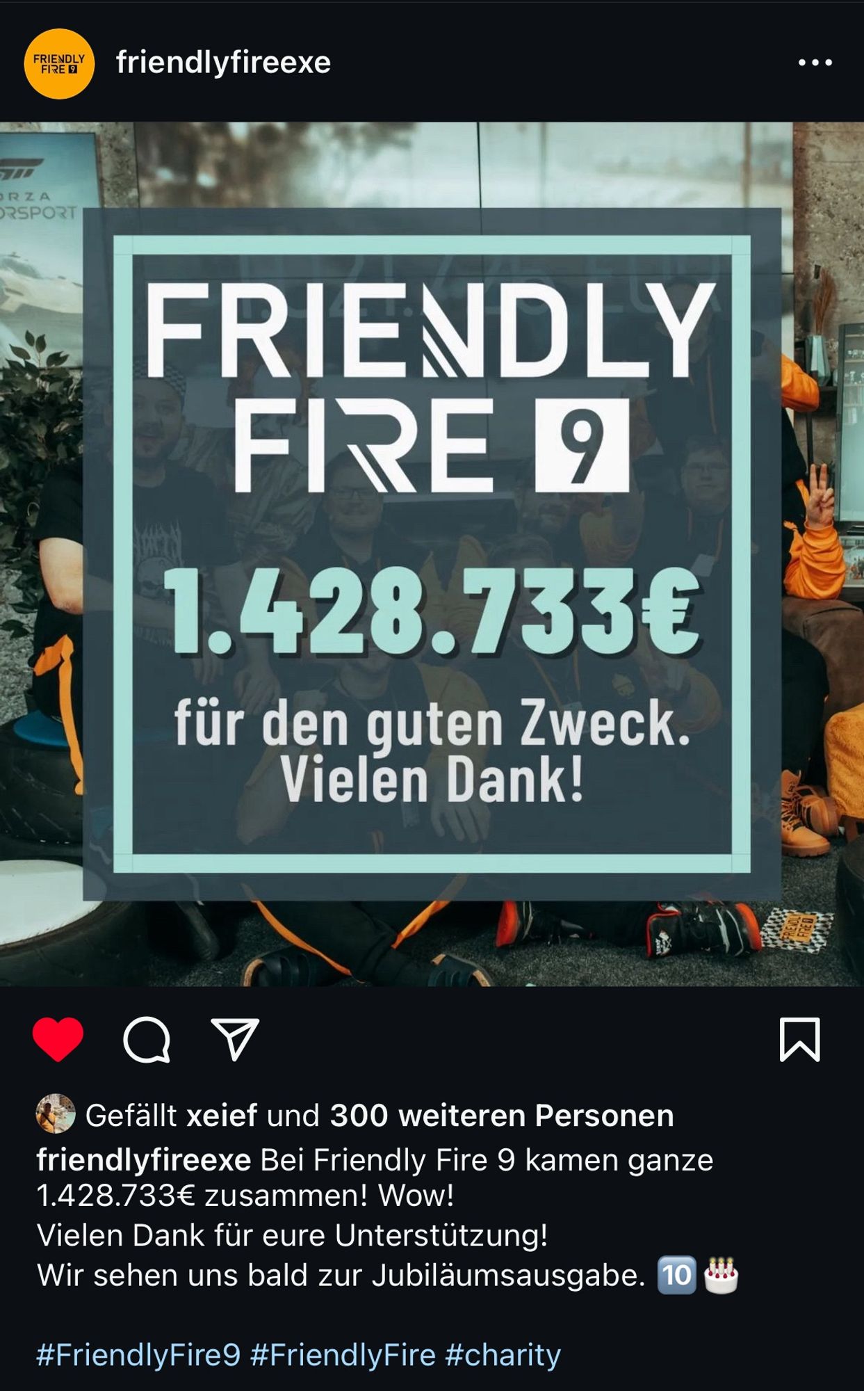 Instagrampost vom FriendlyFire-Account. Beim vergangenen FriendlyFire9 kamen insgesamt 1.428.733€ zusammen.