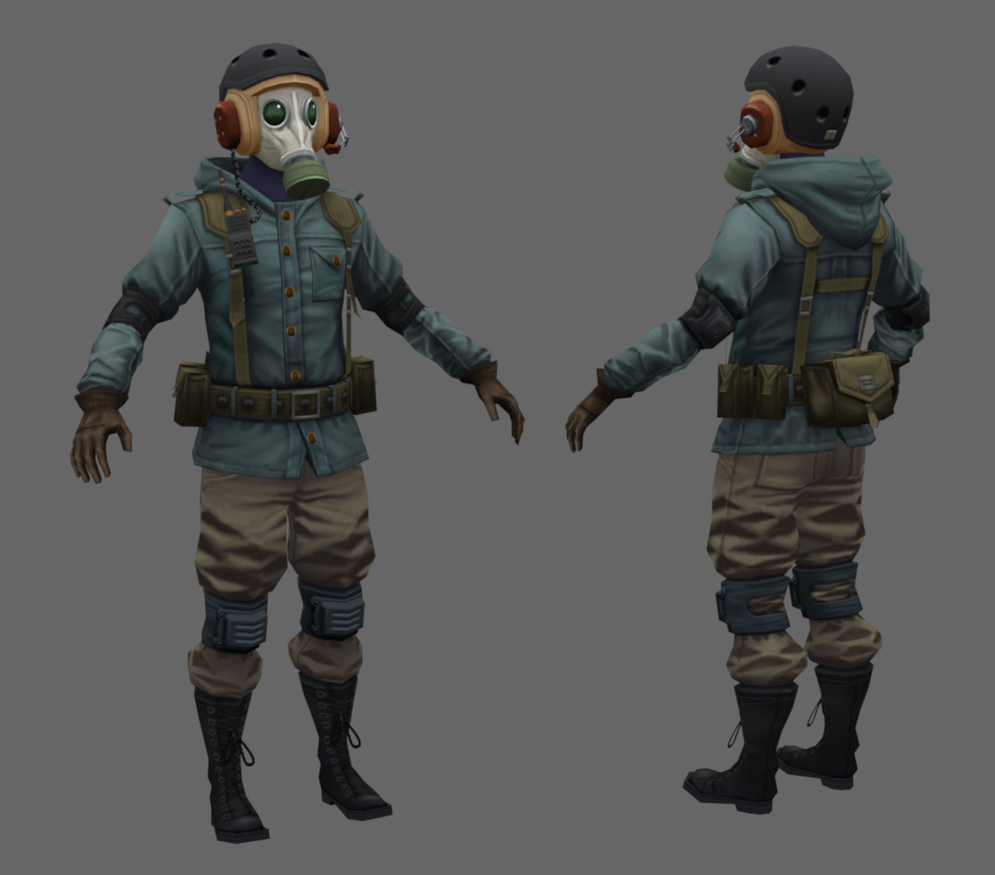 A PS2-spec character wearing a white gas mask, dark helmet with red headphones, and dull colored fatigues in blue and tan