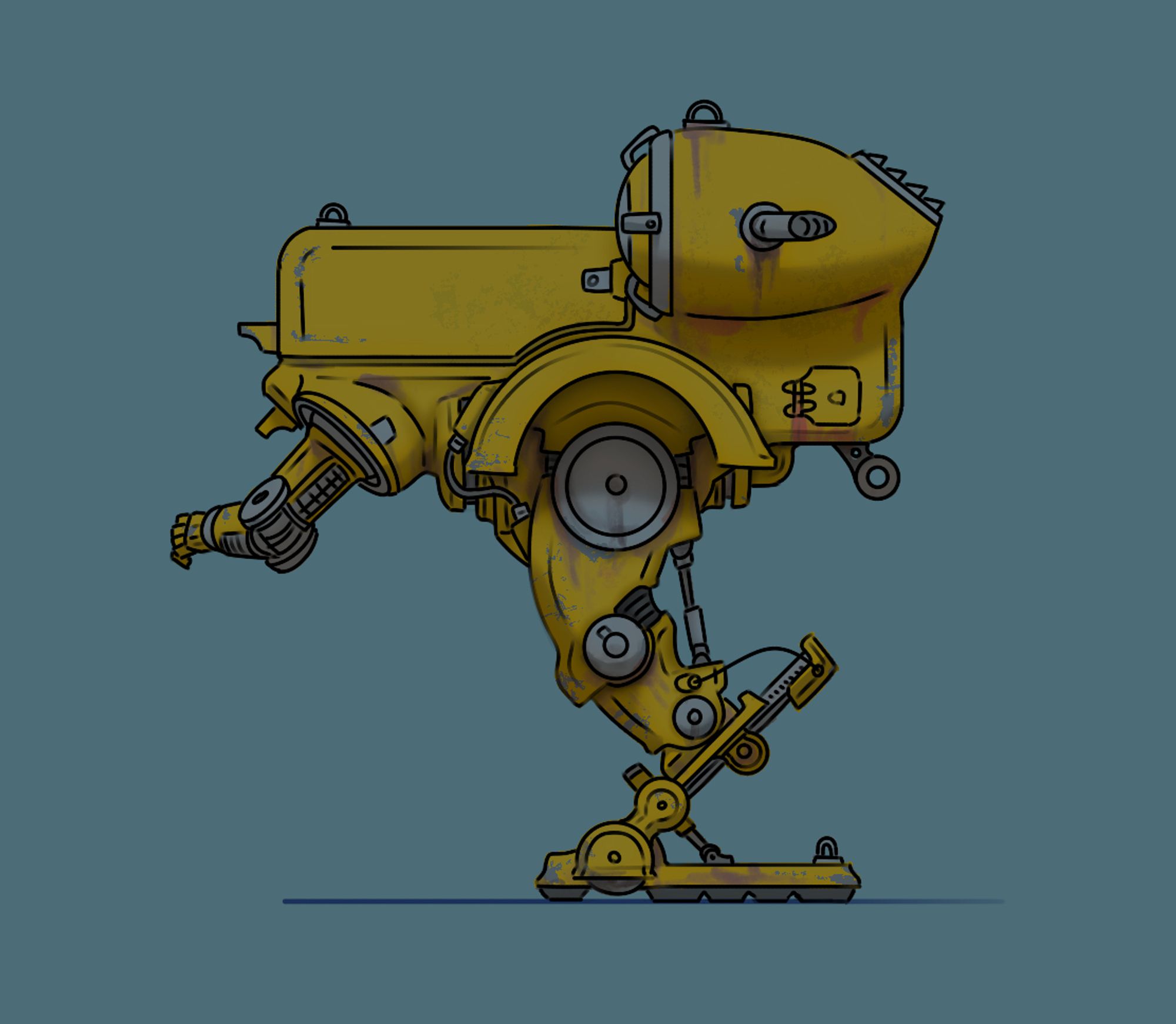 A yellow robot suit with a blocky body and stumpy legs that have been extended with large mechanical pads on the feet