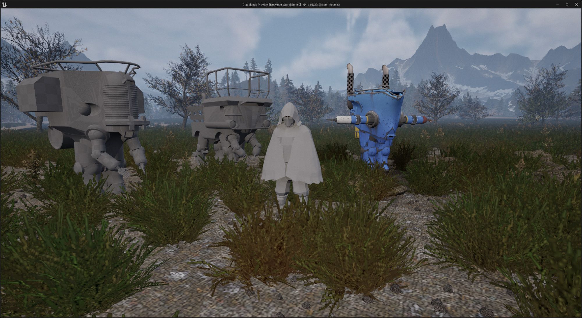 A similar character with a poncho standing next to blockouts of robot suits in a natural environment