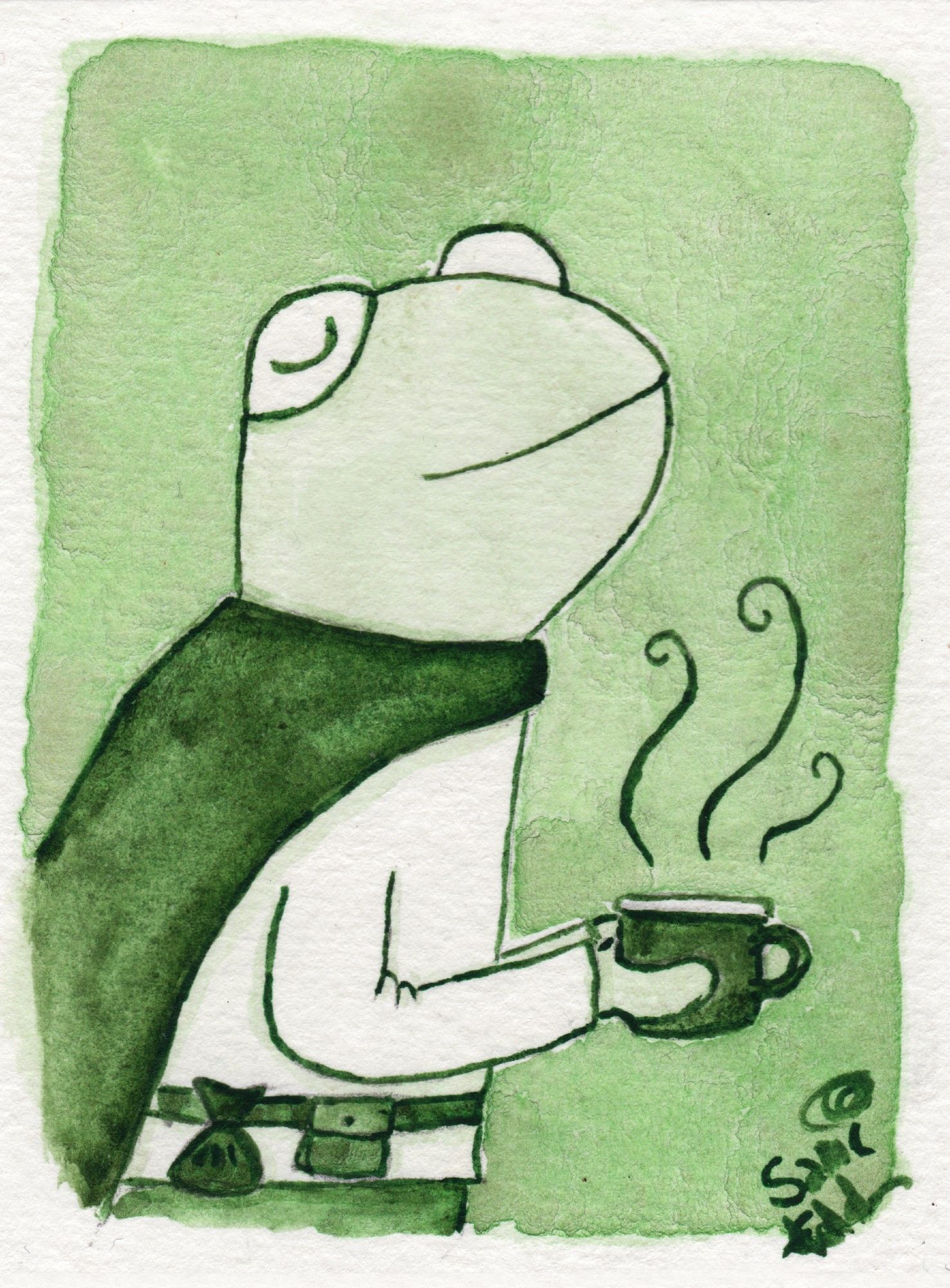 A portrait of Terry, a frog mage with a serene expression holding a cup of tea