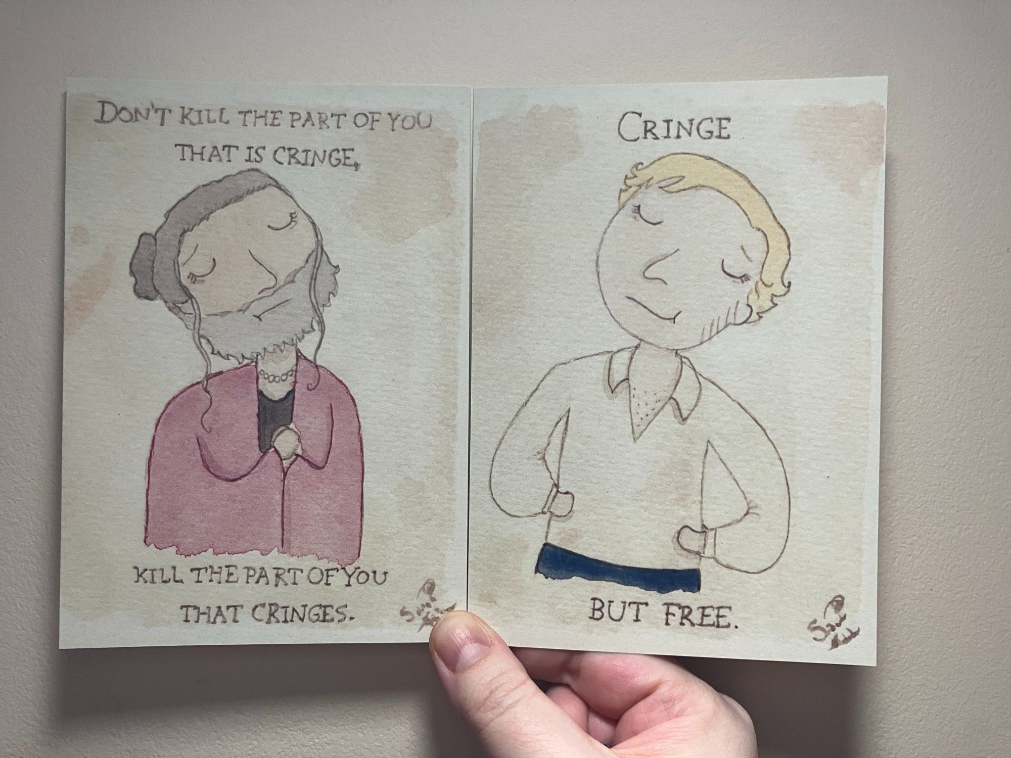 Two prints of Ed Teach and Stede Bonnet. Ed wears a pink robe and text reads "don't kill the part of you that is cringe, kill the part of you that cringes." Stede wears a white shirt and text reads "cringe but free."