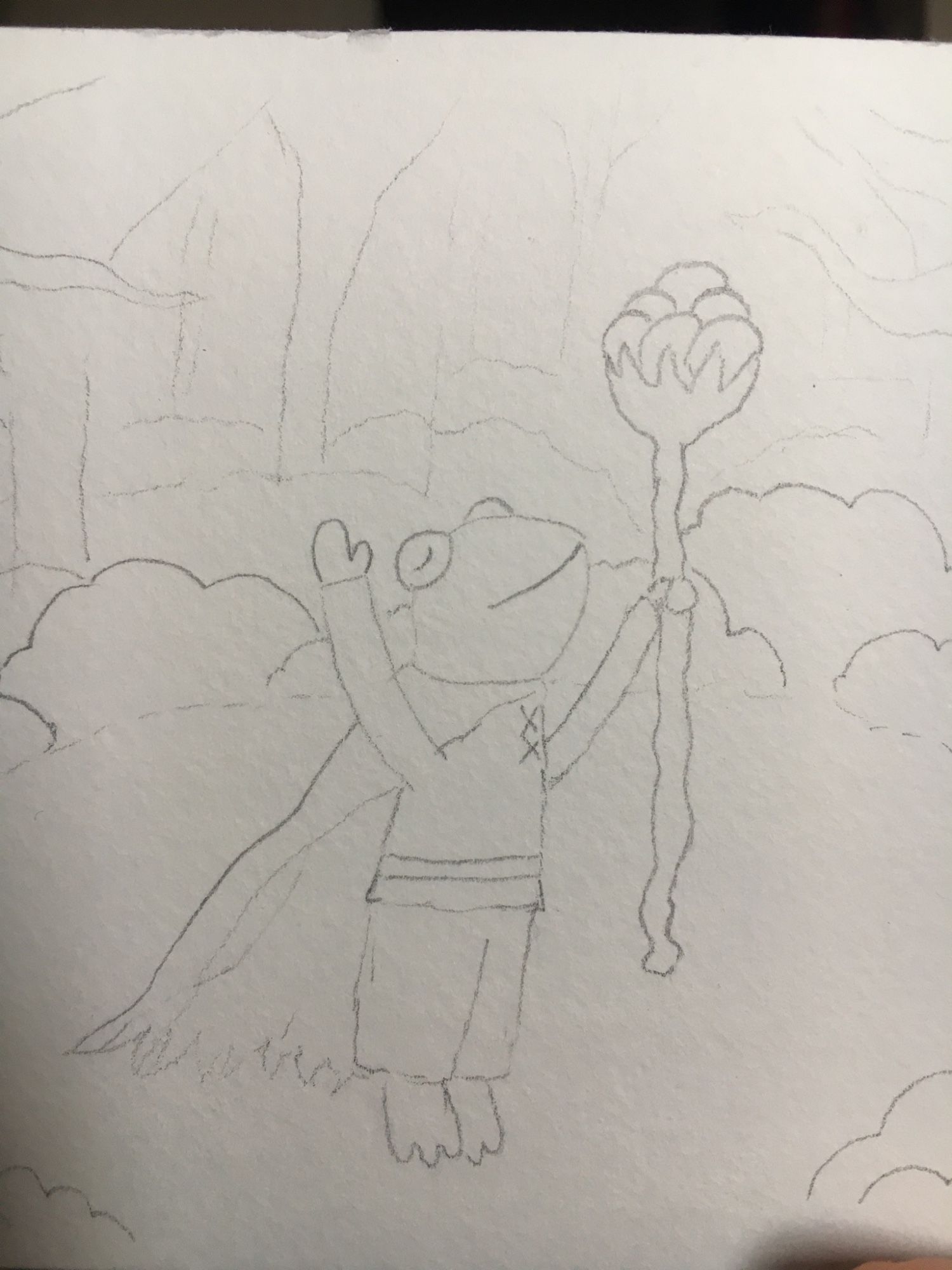 Sketch of a frog mage in the woods holding a magic staff