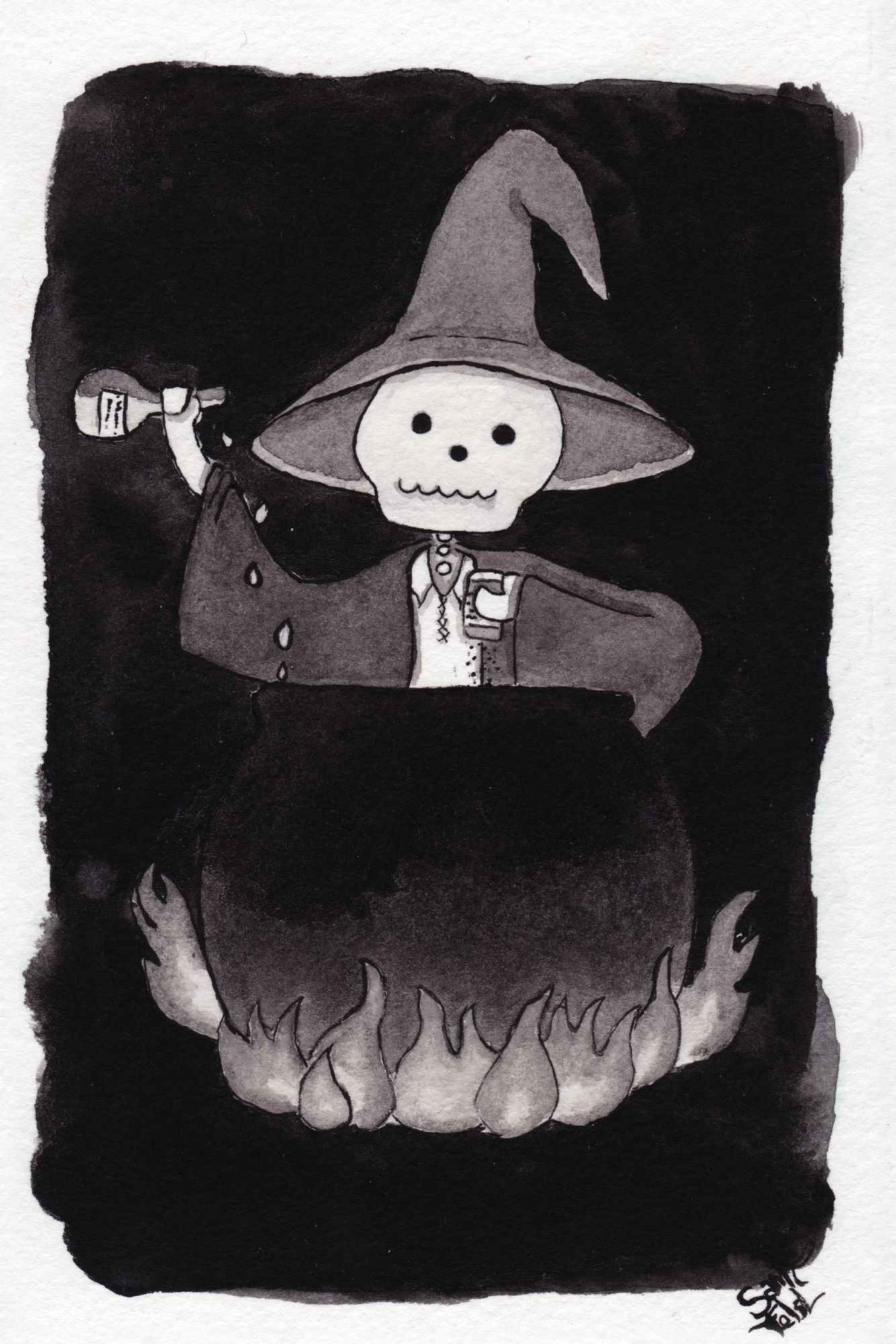 Ink painting in black and white of a skeleton wizard making potions in a large cauldron over a fire.