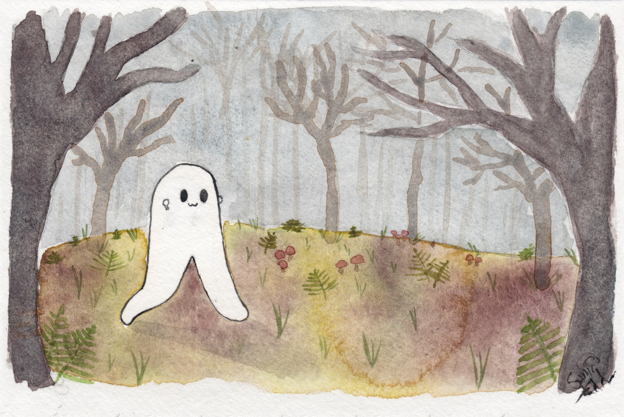 Watercolour painting of a Fresno Nightcrawler - a white creature comprised largely of long legs and a little smiling face - walking through the forest at night listening to a podcast in their air pods