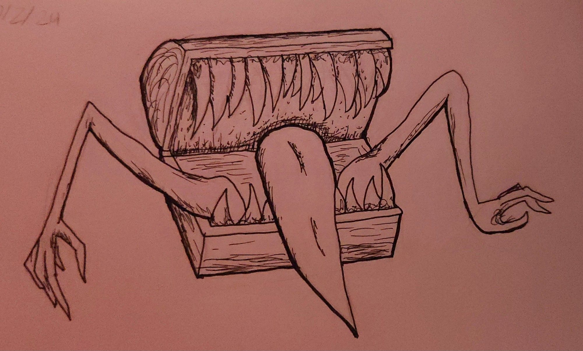 A pen drawing of a mimic from Dark Souls. It's tounge is out and it's arms are extended.