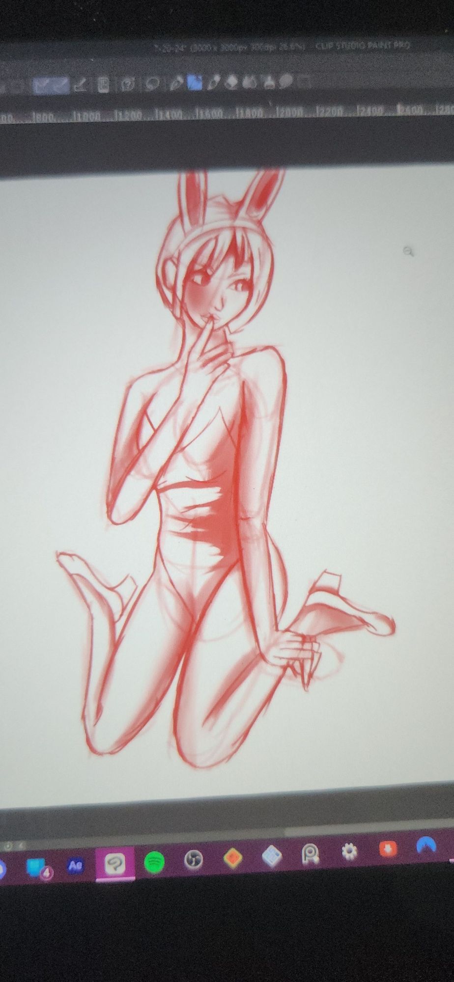 A sketch in red pencil of a bunny girl sitting on the ground. Her right index finger is to her lip in a shushing gesture.