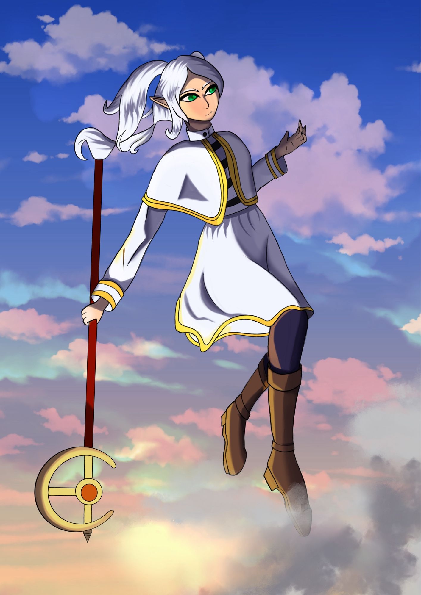 A digital drawing of Friedan floating in the sky. She is holding her staff in the right hand with her left hand to the side.