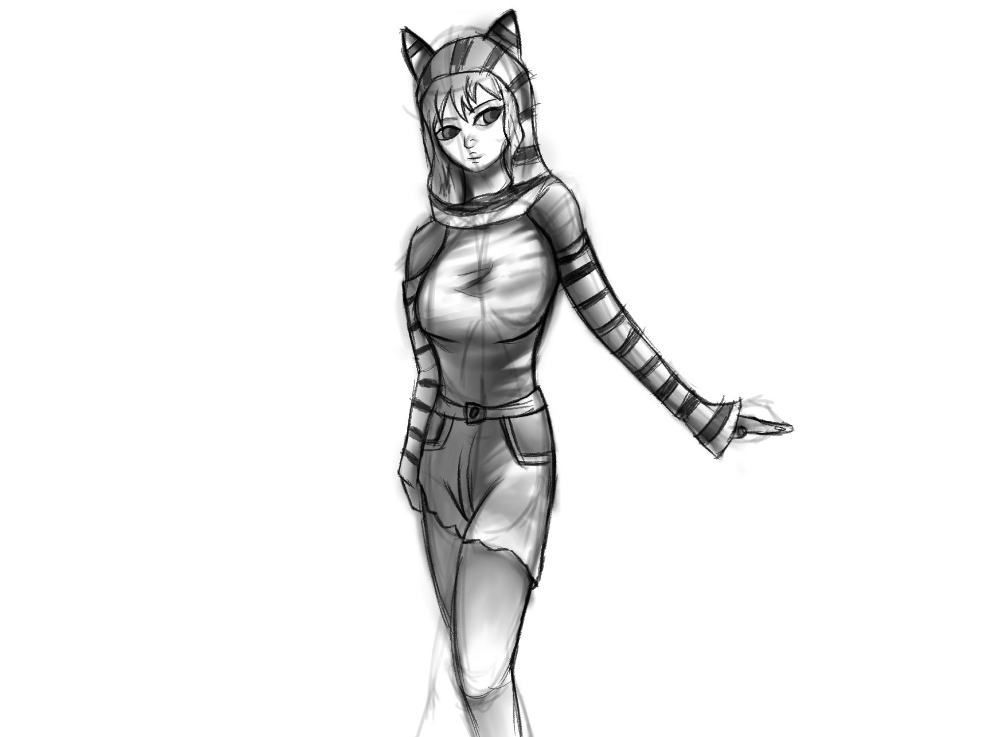 A digital black and white drawing of the woman in the previous picture. She is wearing a grey sleeveless shit with black and grey stripped arm warmers and a black and grey stripped hood with cat ears. No Background.