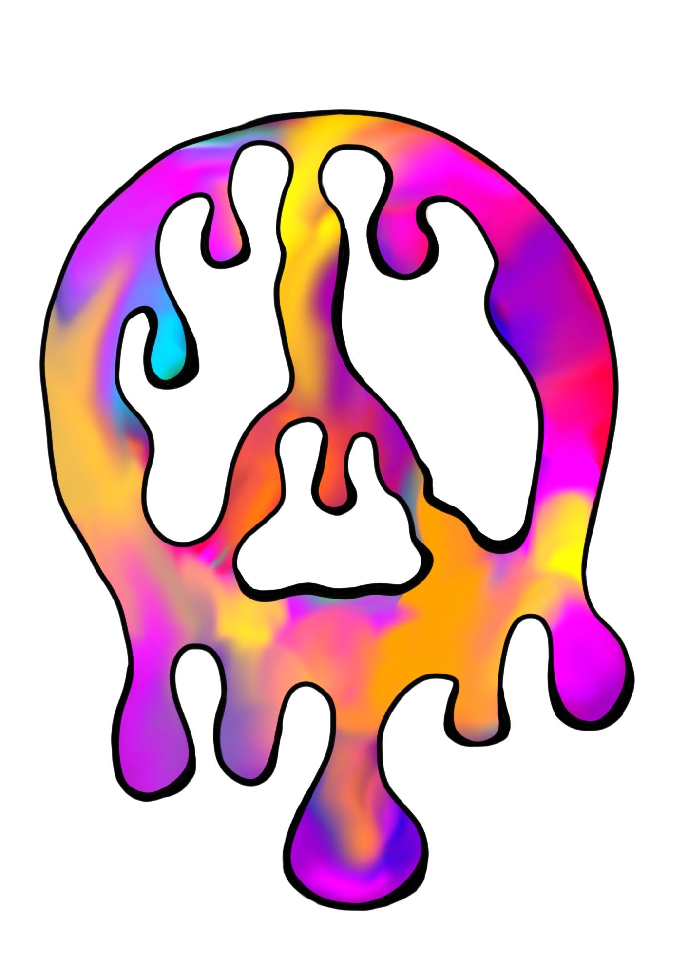 A melting peace sign. Vibrant saturated oranges, purples, reds and blues.