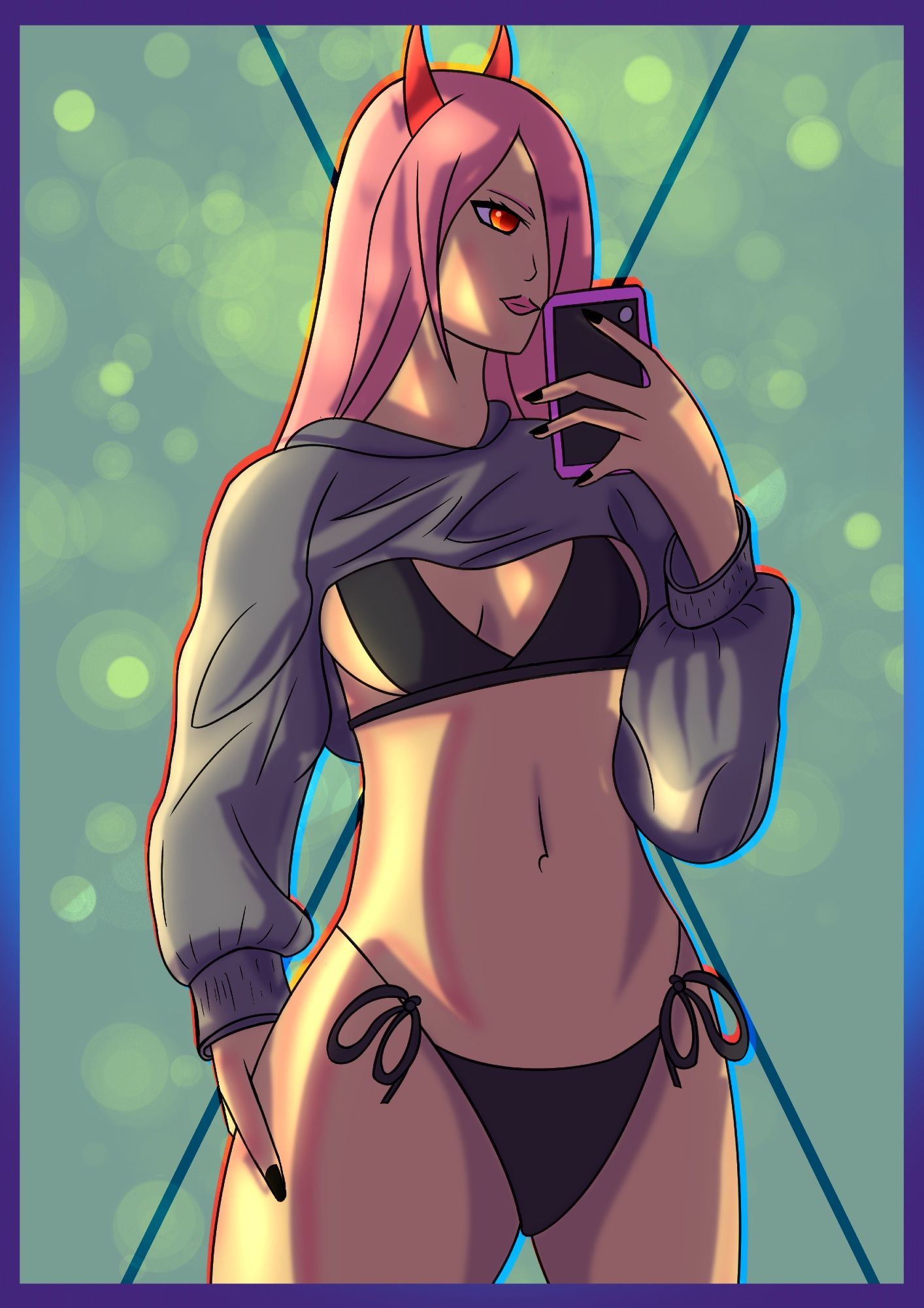 A digital drawing of a woman wearing a grey crop top and black bikini taking a selfie. She has red horns on her head, pink hair black nails and tan skin. Her phone case is black with a pink border. The lighting is dynamic, coming from the upper left of the image. The background is a pastel green with light yellow bubbles with a aquamarine crossed lines. Made with Clip Studio Pro. #Fanart #PowerChainsawMan #AnimeFanart