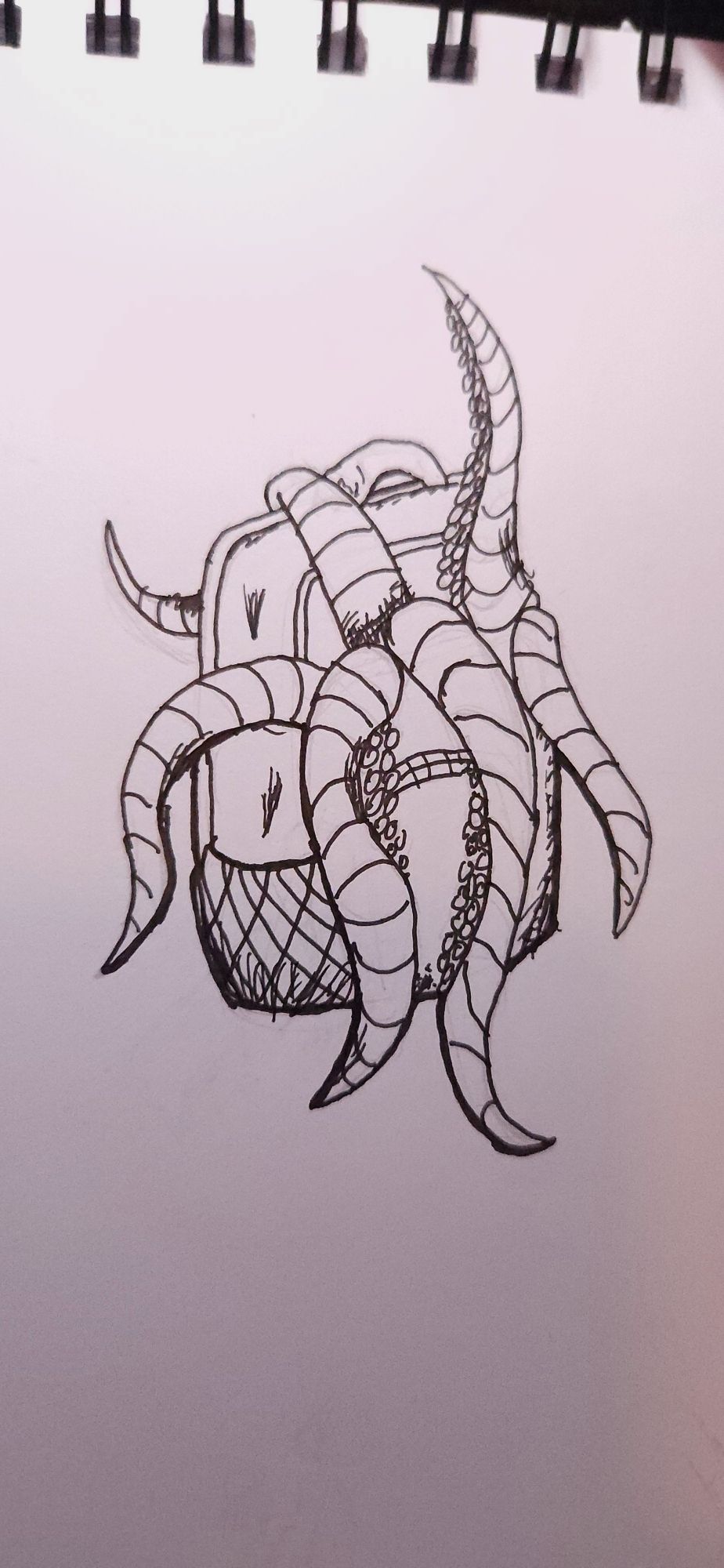 A backpack with tentacles emerging from the pockets. Drawn with a pen in black ink.