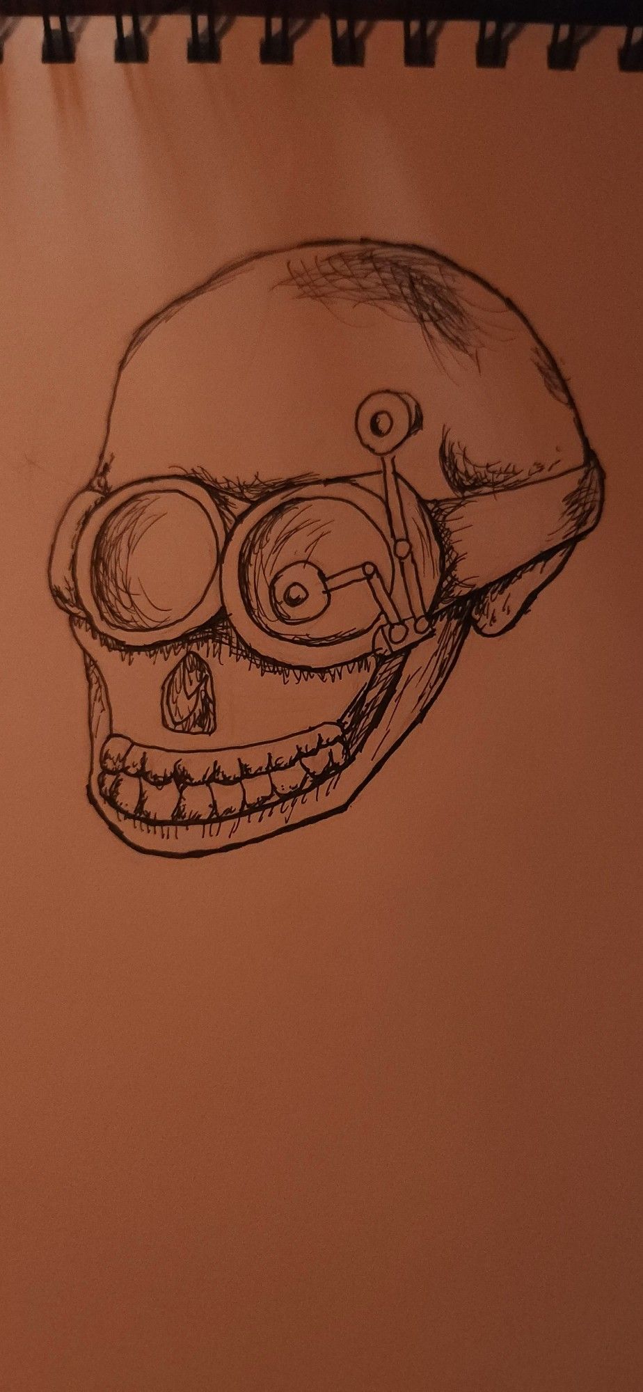 A pen drawing of a skull wearing steampunk goggles.