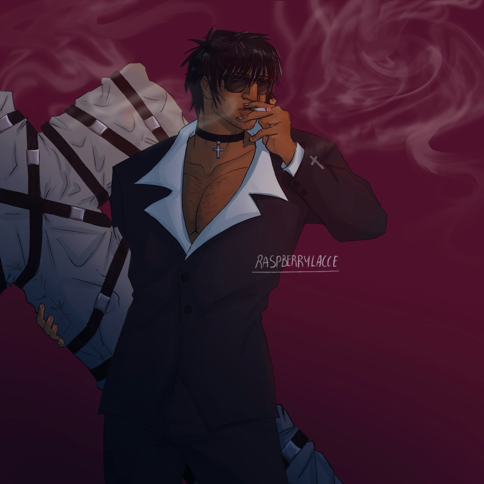 Wolfwood with the Punisher under his right arm and a lit cigarette between his fingers to his lips. Purplish red dark gradient background.