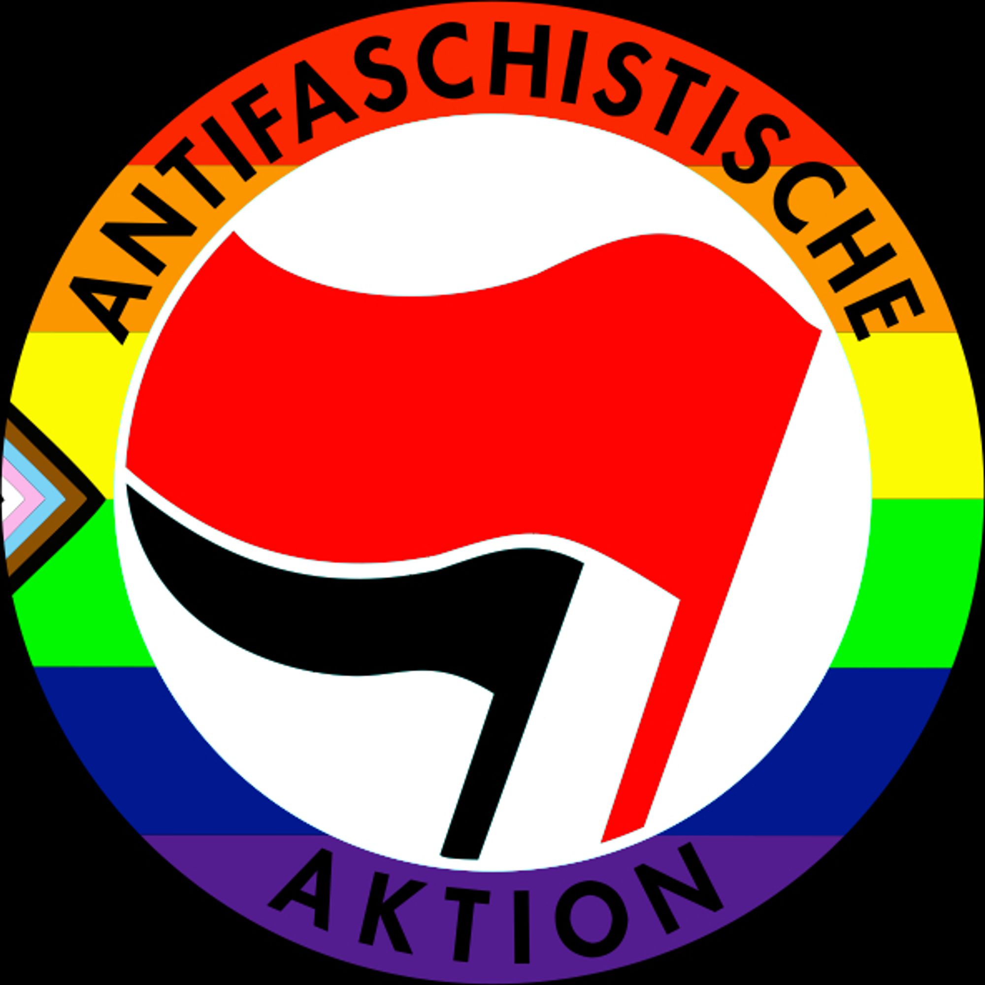 The Antifa-Logo surrounded by the QueerPride Flag.