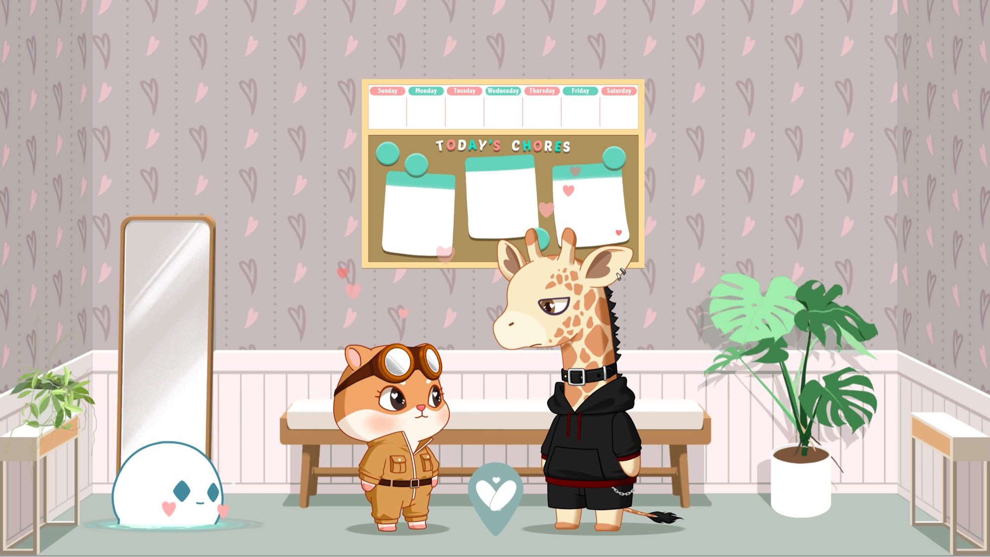 Screenshot of Love, Ghostie where an anthropomorphic hamster and anthropomorphic giraffe are looking each other with hearts over them as a ghost is on the left watching