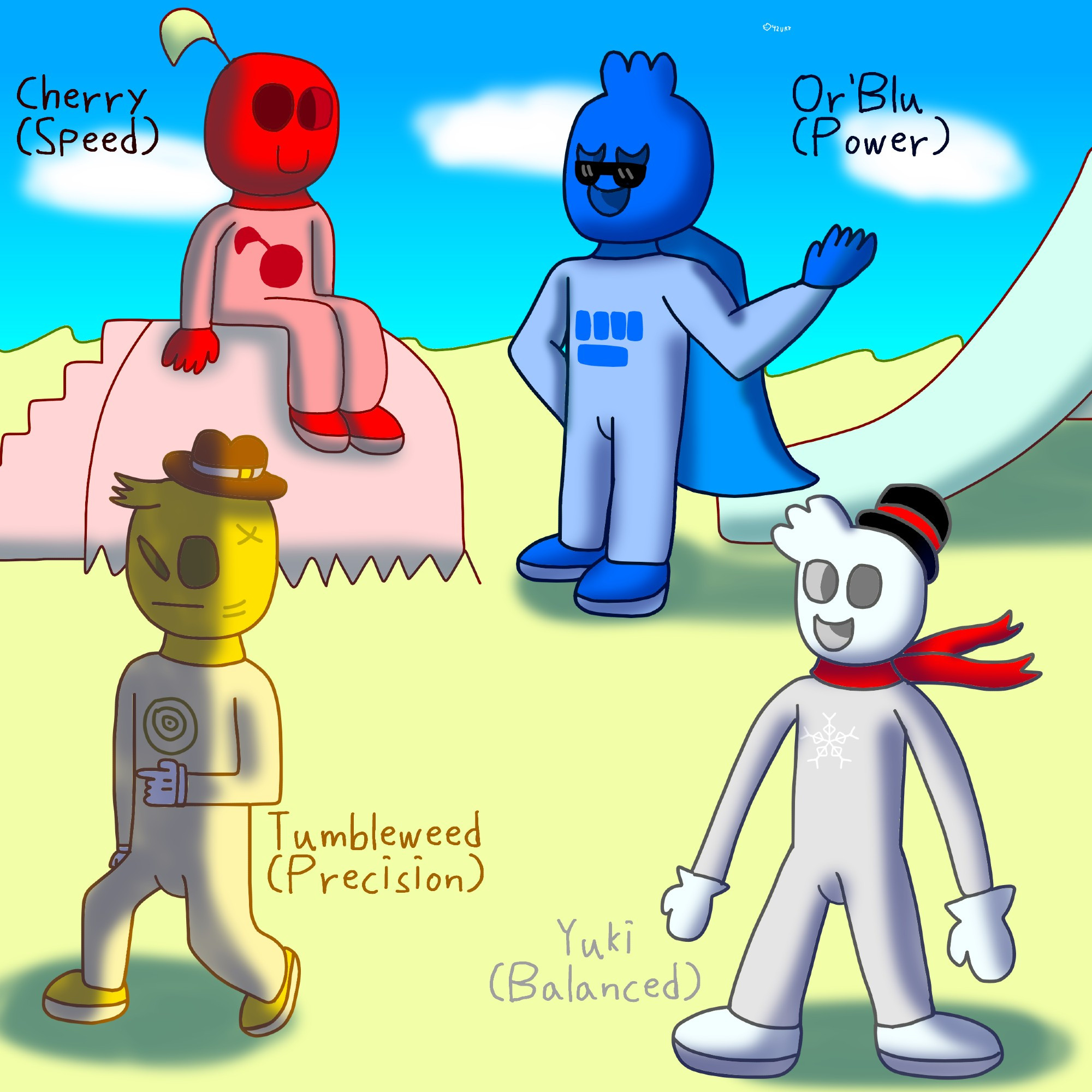 4 bowling ball headed people hanging out in the park. There's Cherry the red bowling ball who has a leaf on top of her head; Or'Blu the blue bowling ball who wears a cape and sunglasses, Tumbleweed the yellow bowling ball who wears a cowboy hat and has scars on his face and Yuki the white bowling ball who is dressed like a snowman. Or'Blu is talking to Cherry, Tumbleweed is practicing aims while Yuki looks at everyone happily.