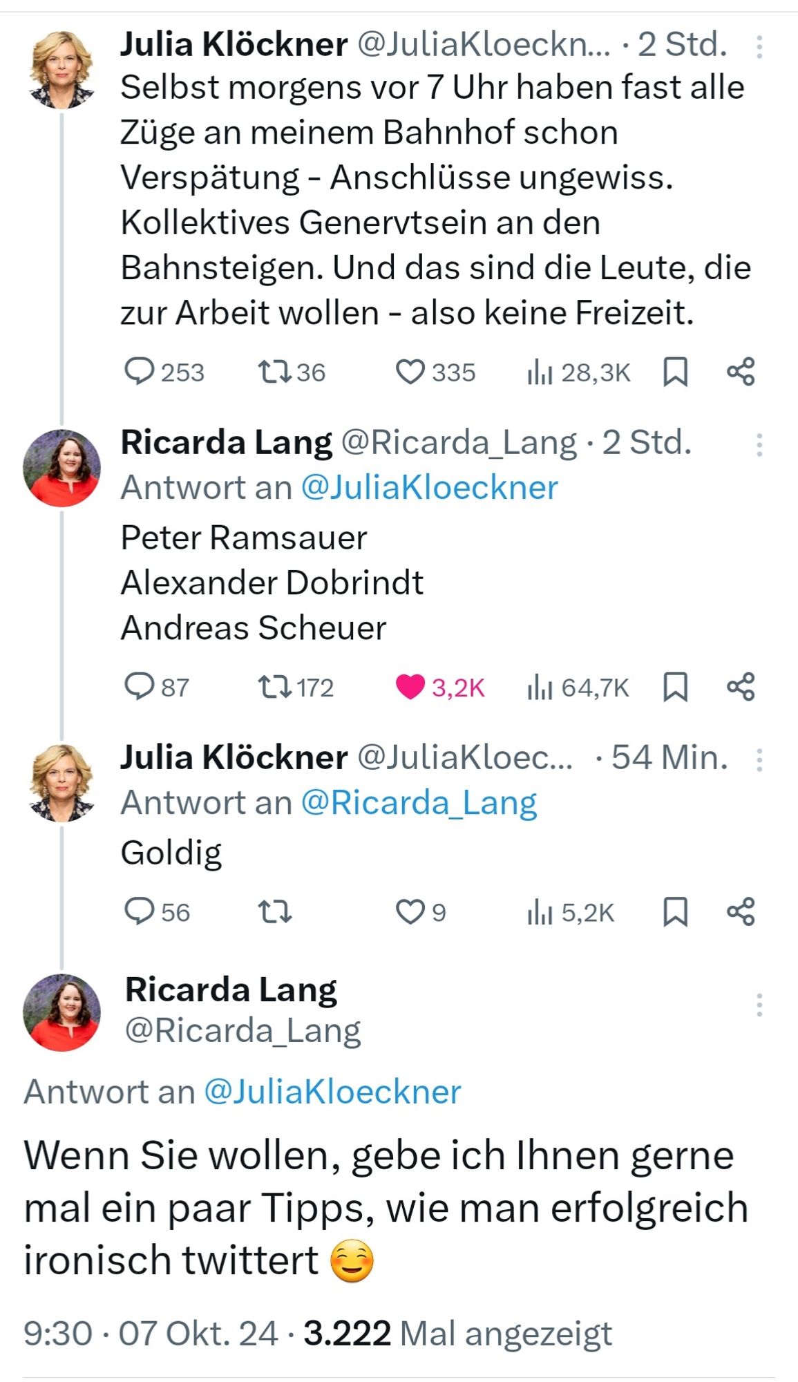 Screenshot mehrerer posts auf X zwischen Ricarda Lang und Julia Klöckner https://x.com/juliakloeckner/status/1843165086762090803?s=61