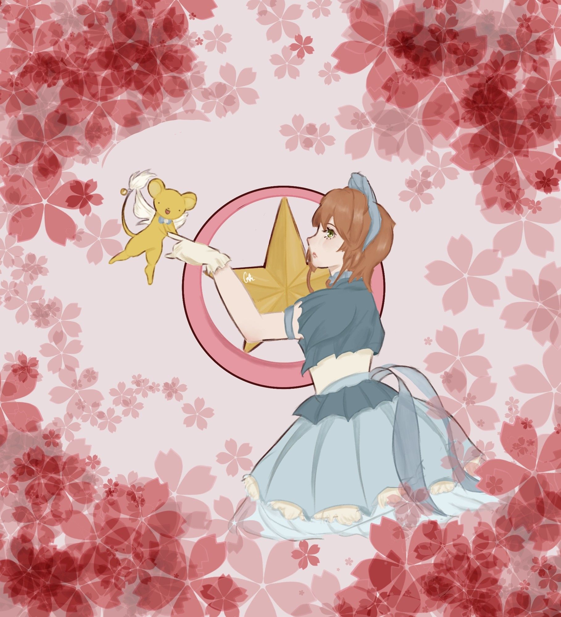 desenho da personagem Sakura e do personagem Kero da série Sakura Cardcaptor. ela está usando um vestido volumoso predominantemente azul e está cercada por flores de cerejeira.