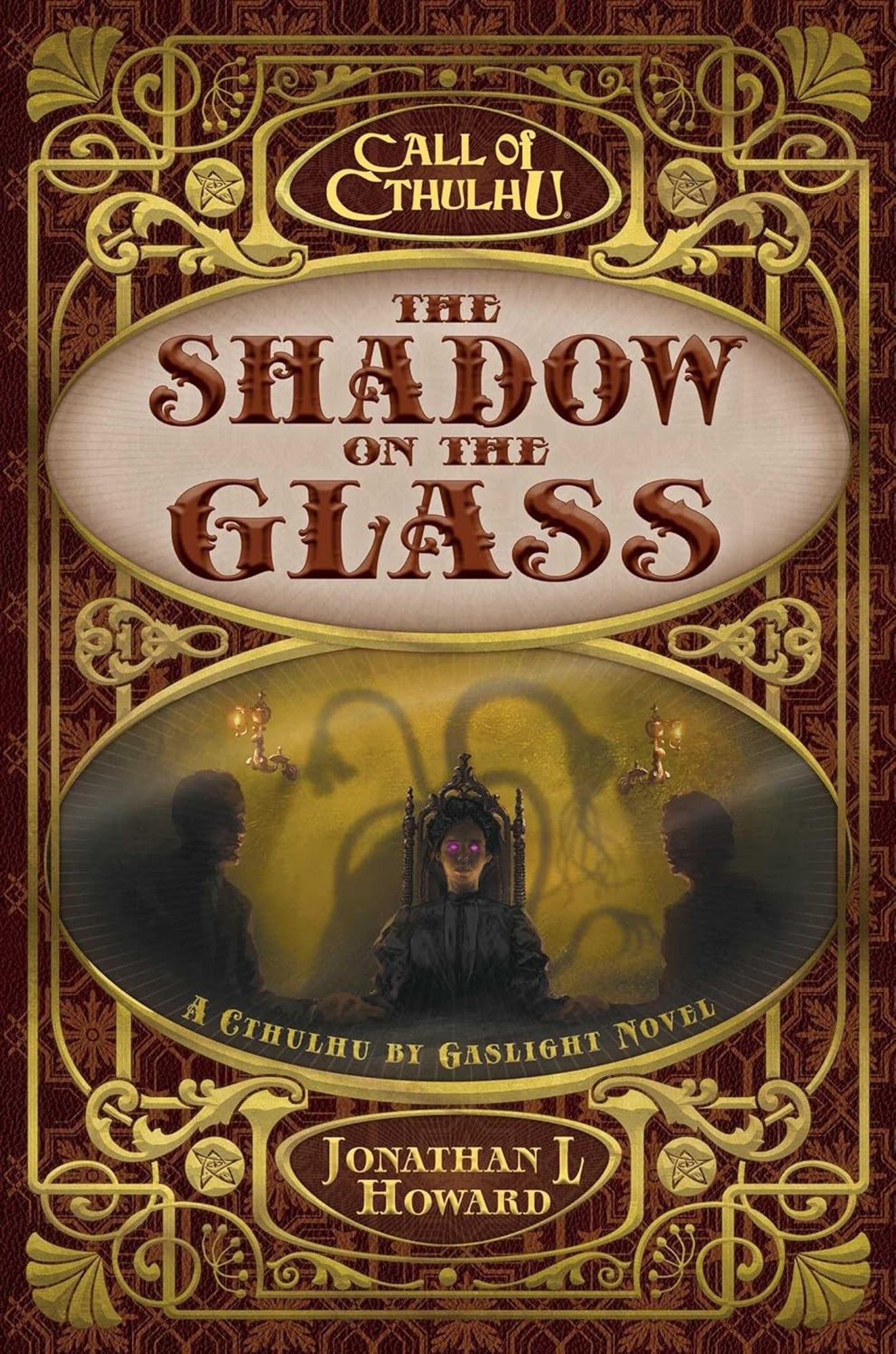 The cover of THE SHADOW ON THE GLASS, a CALL OF CTHULHU novel by me.