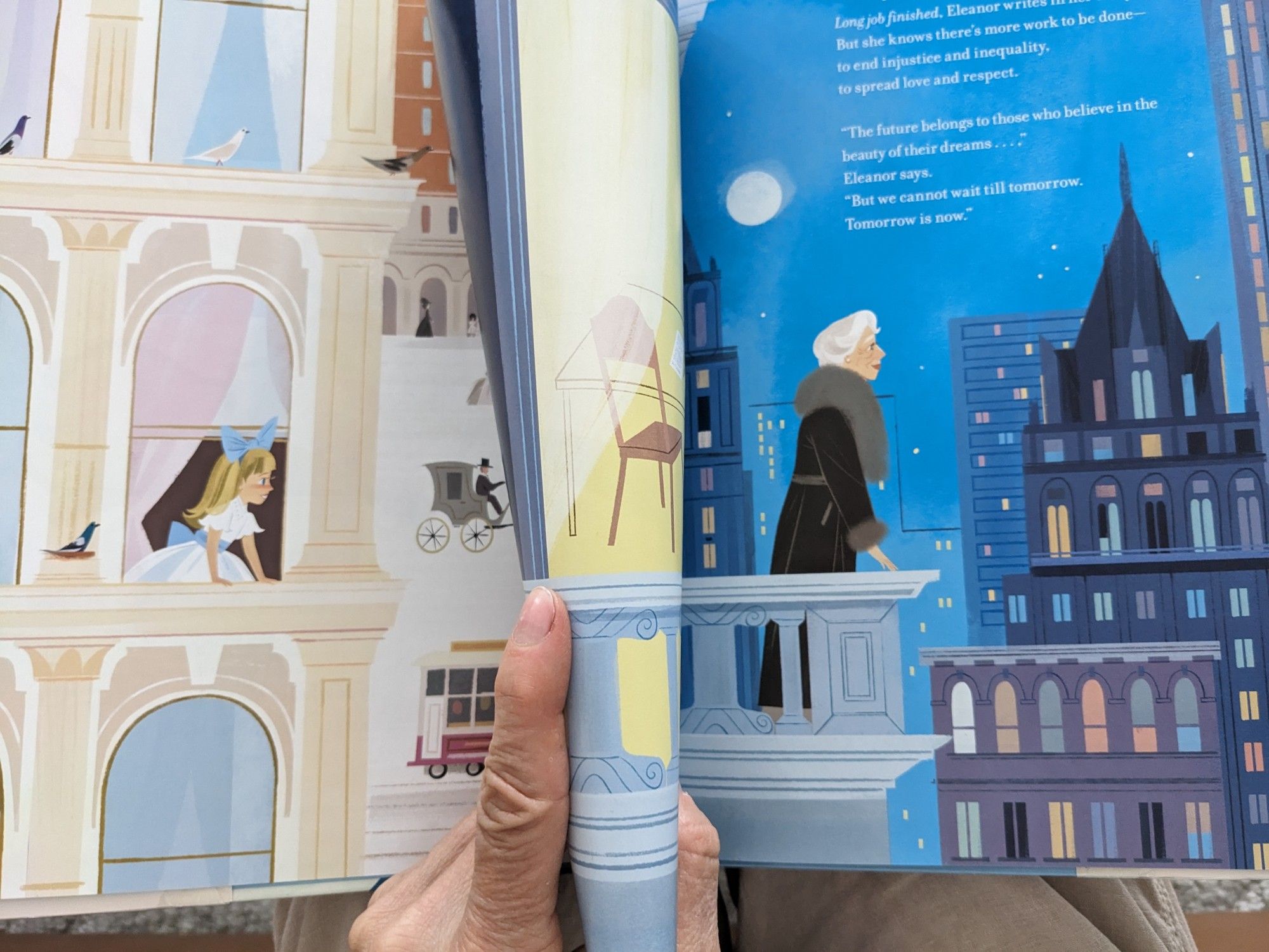 first page of picture book shows a child leaning forward to look out of a New York City high rise; last page of picture book shows old woman leaning forward to look out from a New York City balcony