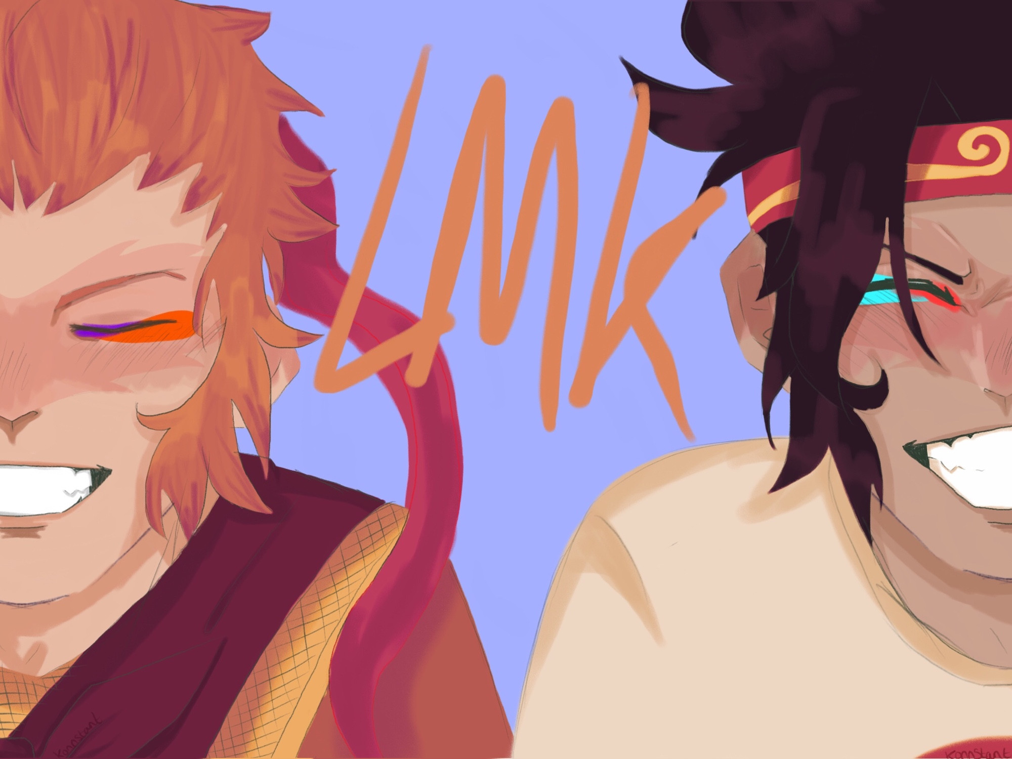 Son wukong on the left and MK on the right with half their faces showing smiling to the camera with their eyes closed and a light blue background and the word “LMK” (Lego monkie kid) in the middle, on the top layer, somewhat overlapping some of their features