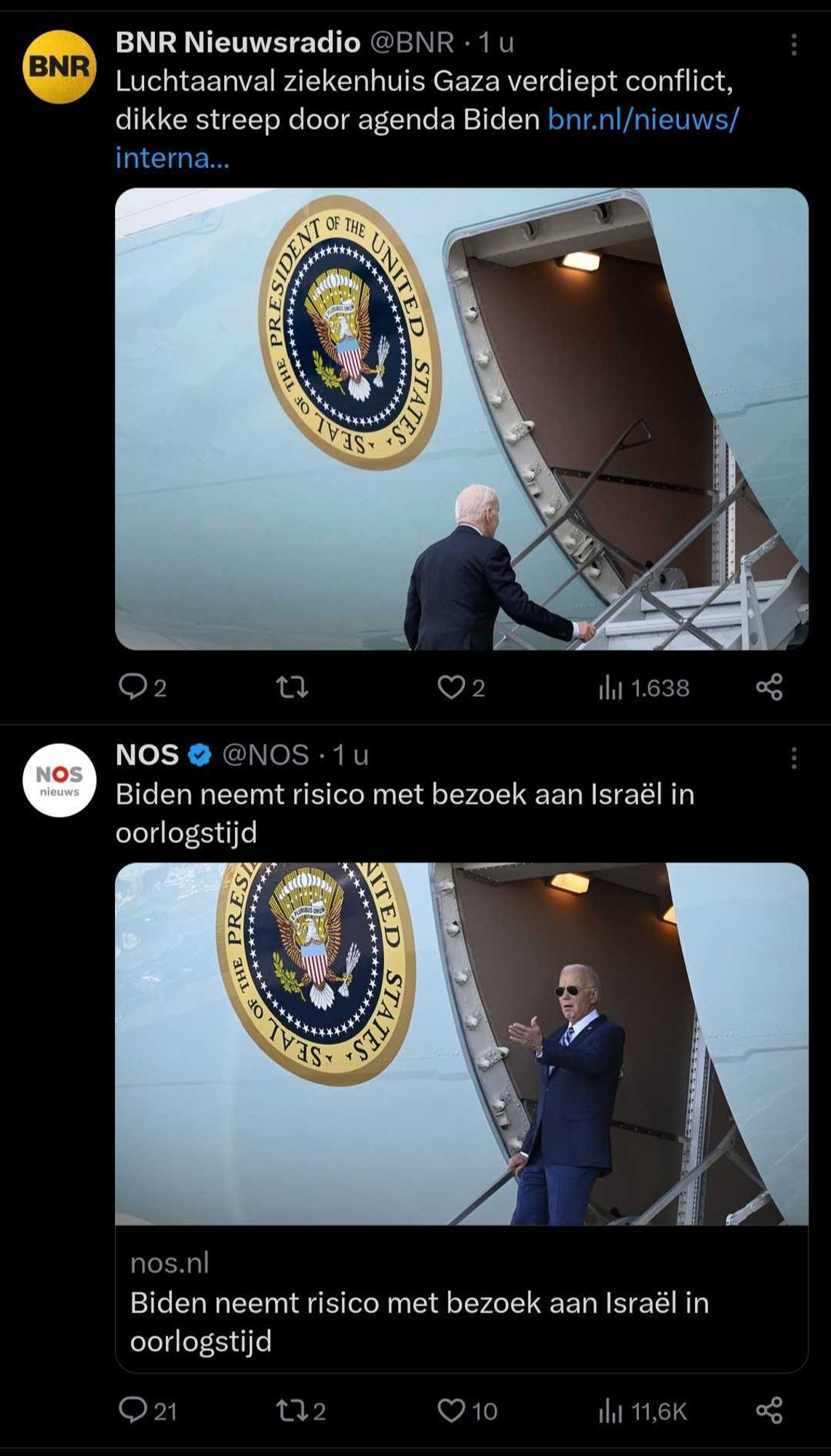 Top image shows Biden boarding AirForce One. Bottom image shows him leaving the same plane.