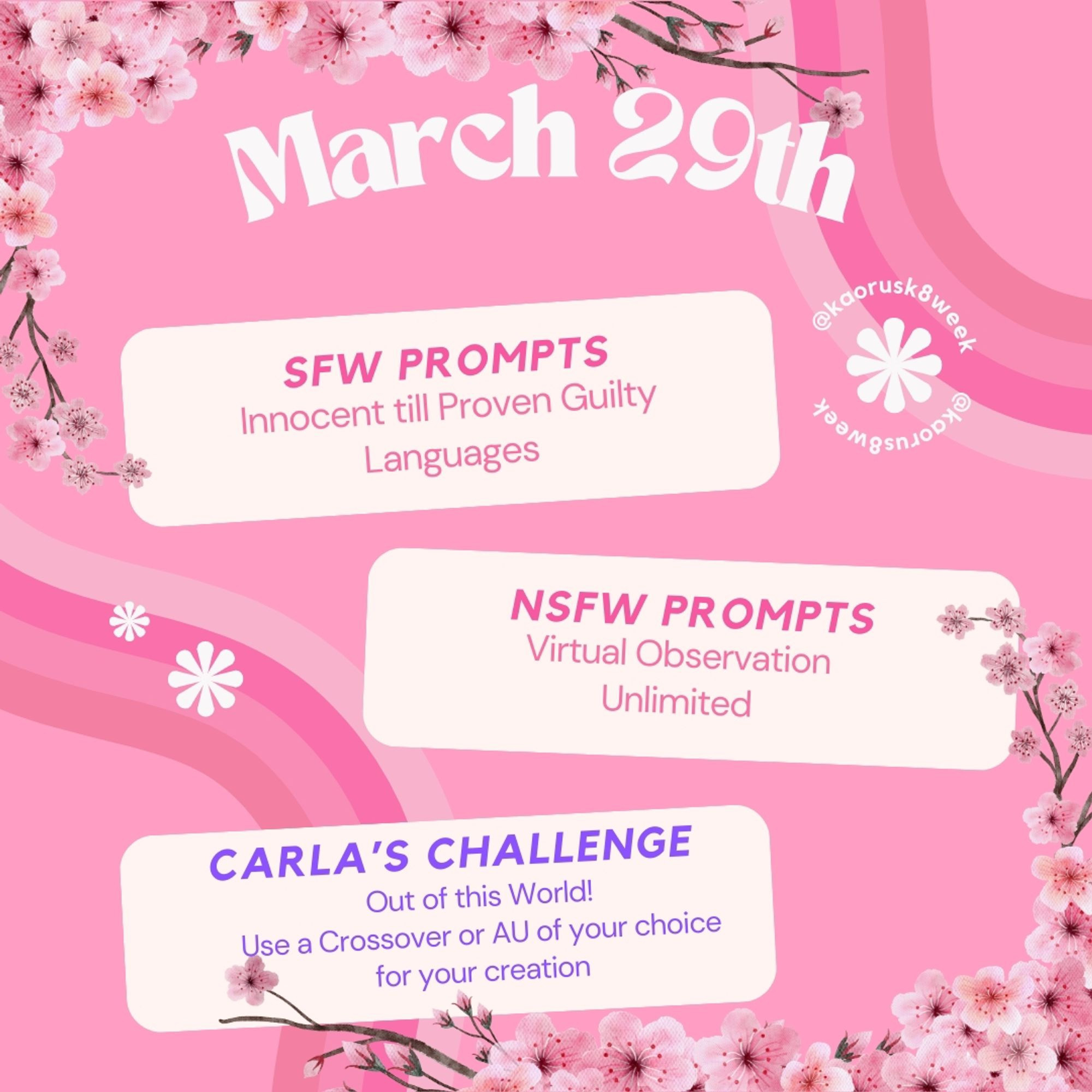 March 29th
SFW PROMPTS
Innocent til proven guilty, Languages 
NSFW PROMPTS 
Virtual observation, Unlimited 
CARLA'S CHALLENGE 
Out of this world! Use a crossover or AU of your choice for your creation.