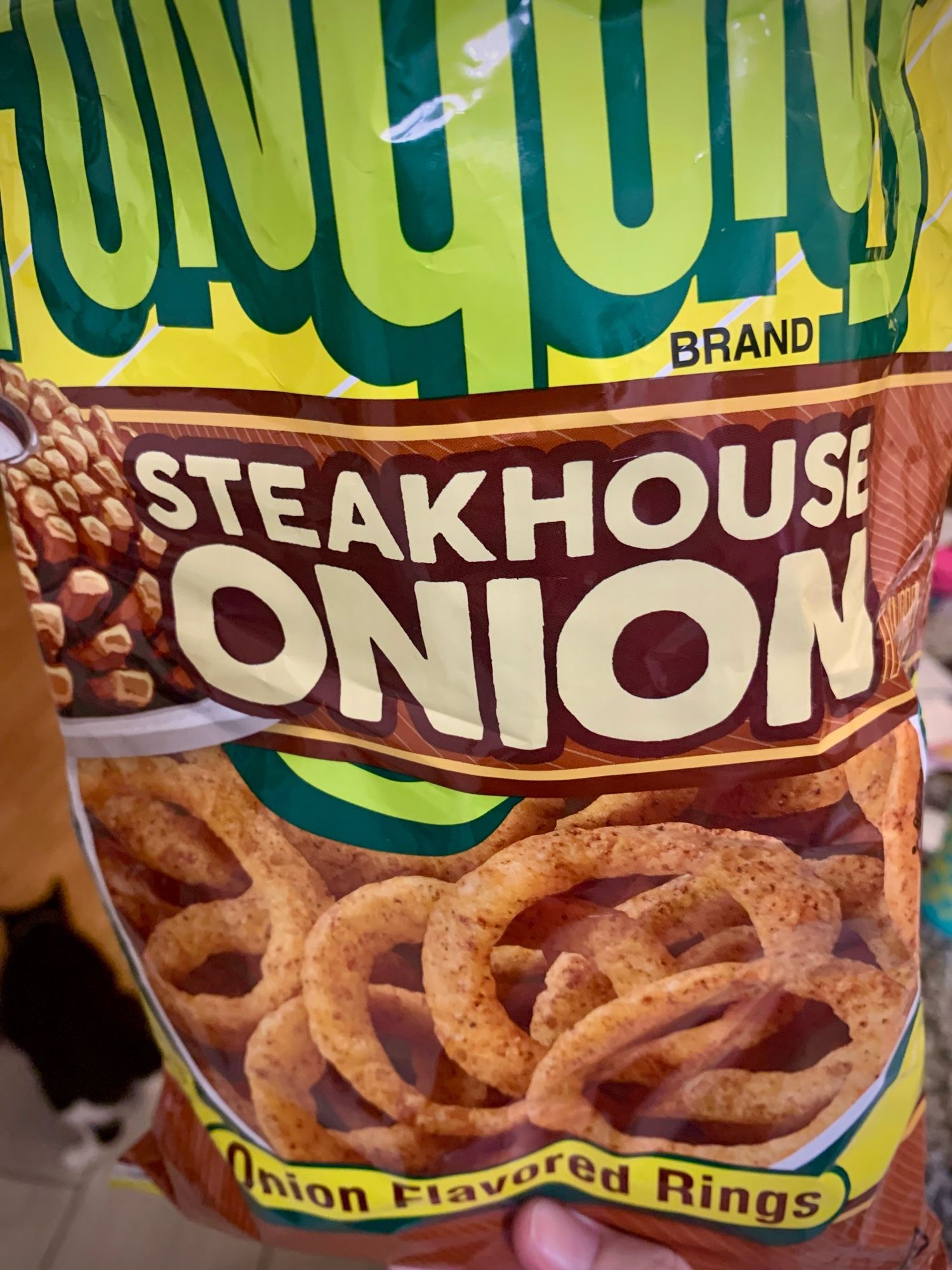 Photo of a bag of Steakhouse Onion flavor Funyuns