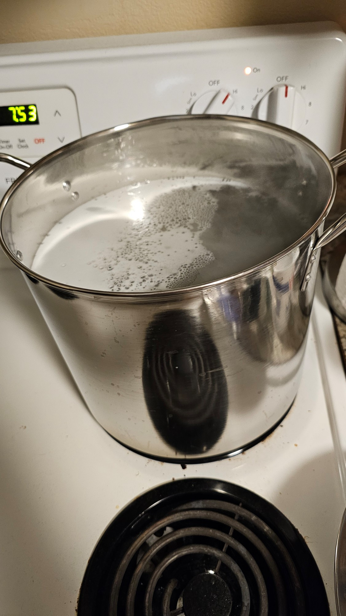 A 12 quart pot sits on the bacl right burner of a stove top, the burner set to Hi.