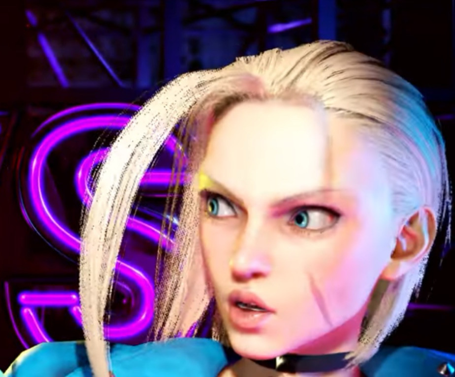 Street Fighter 6 character Cammy grimaces from the right side of the screen at an unseen figure on the left. 