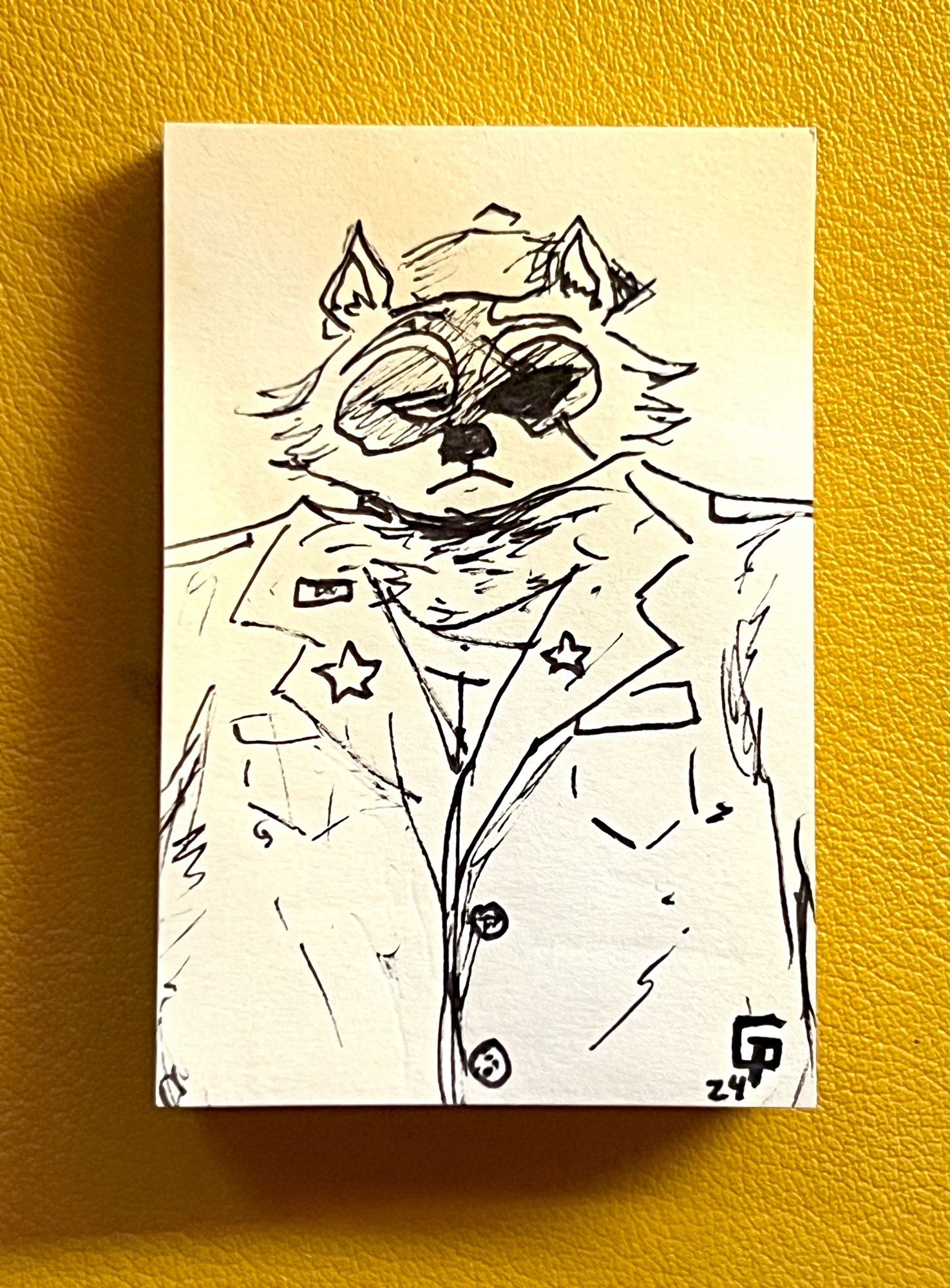 drawing of anthropormorphic raccoon eyepatch wearer Dante