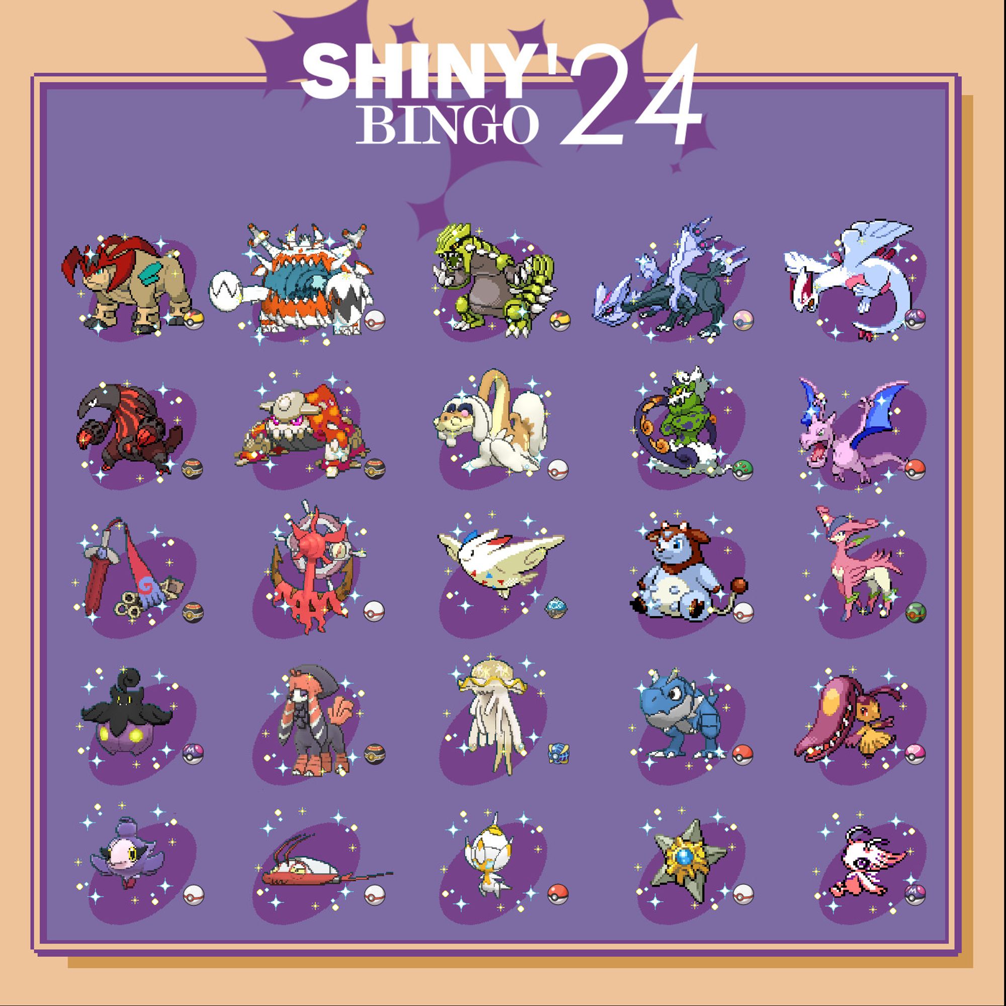 cartela de bingo de Pokémons shiny capturados em 2024 completada - dispostos em uma tabela de 5x5 estão: Terrakion, Guzzlord, Groudon, Kyurem, Lugia, Heatmor, Heatran, Drampa, Tornadus, Aerodactyl, Honedge, Dhelmise, Togekiss, Miltank, Virizion, Pumpkaboo, Furfrou, Nihilego, Tyrantrum, Mawile, Spritzee, Wimpod, Poipole, Staryu e Celebi.