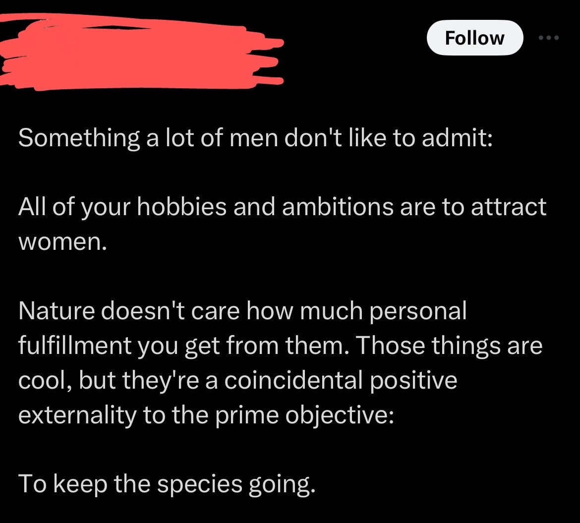 A post on Twitter, the name has been scratched out. It reads:

Something a lot of men don't like to admit: All of your hobbies and ambitions are to attract Women.
Nature doesn't care how much personal fulfillment you get from them. Those things are cool, but they're a coincidental positive externality to the prime objective: To keep the species going.