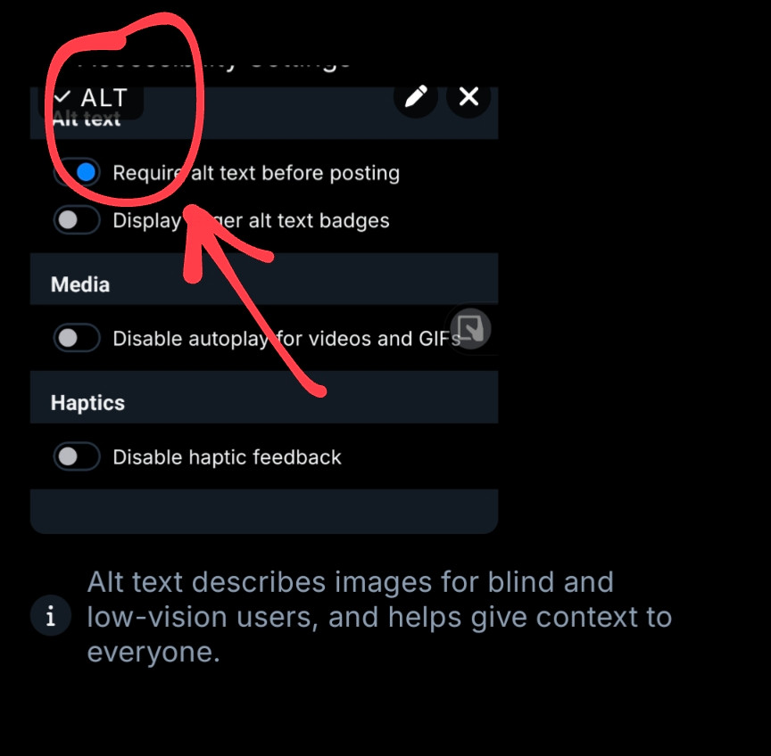 Showing an image attached to a post (it happens to be the same picture of the Bluesky accessibility settings as before), with a big red arrow towards the little alt button in the top corner of the image. Because I already wrote alt text, the alt button displays a checkmark