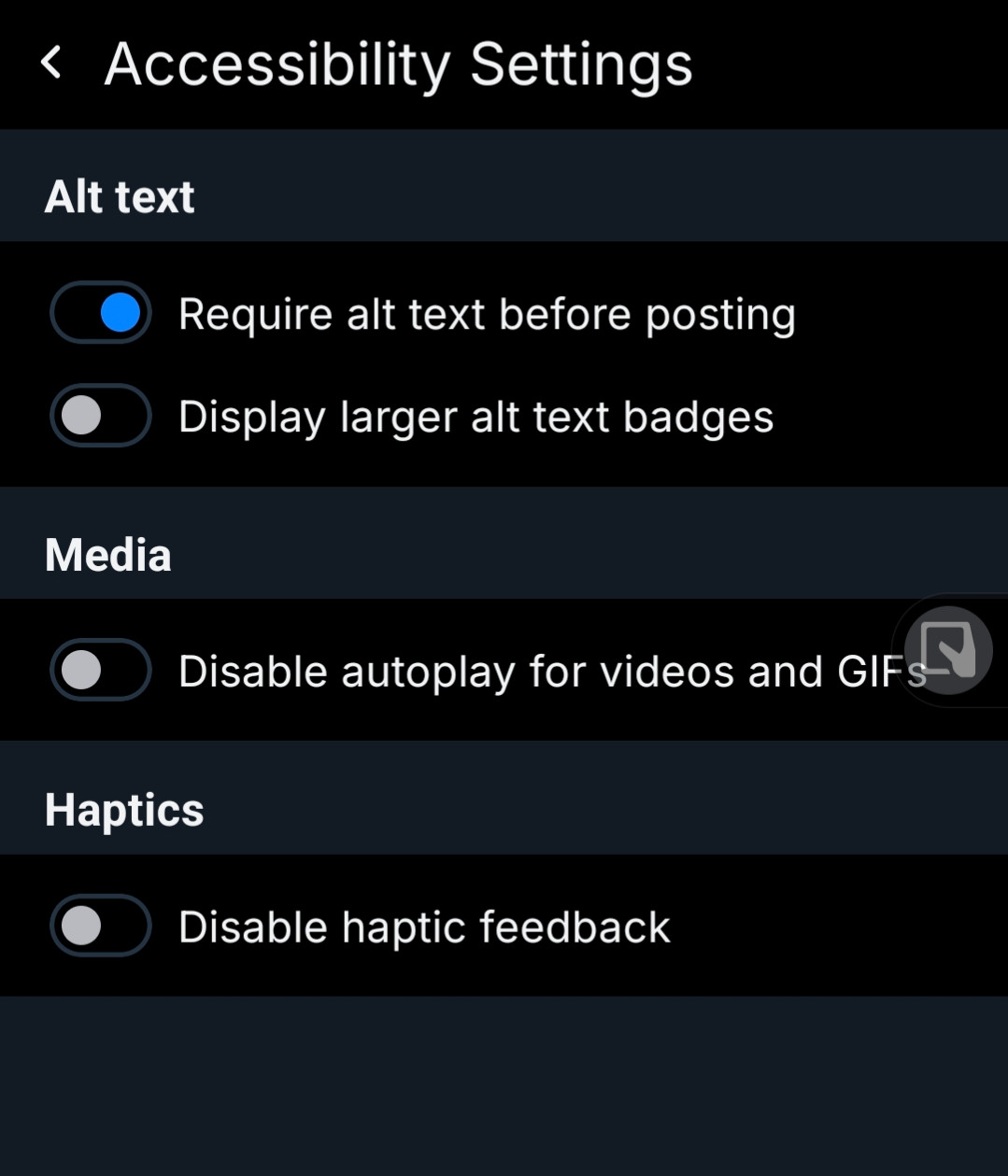 The Bluesky accessibility settings page - the top setting (require alt text before posting) is enabled