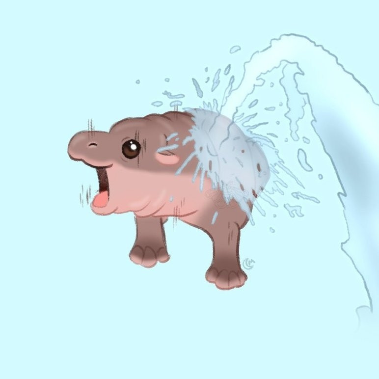 A colored sketch of moo deng the baby pygmy hippo being sprayed with water, based on the viral images of the same nature