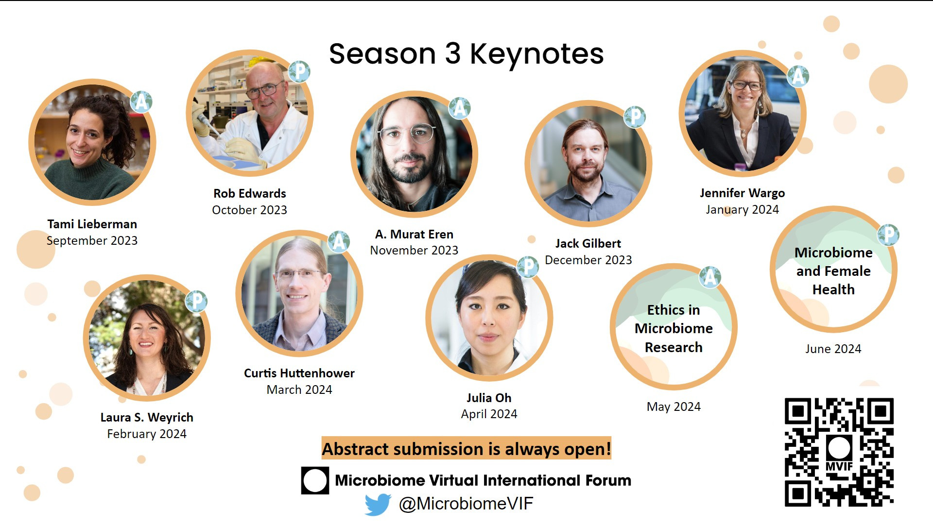 Full program of Season 3 of the Microbiome Virtual International Forum, including:
- September: Tami Lieberman
- October: Rob Edwards
- November: A. Murat Eren
- December: Jack Gilbert
- January: Jennifer Wargo
- February: Laura S. Weyrich
- March: Curtis Huttenhower
- April: Julia Oh
- May: Ethics in Microbiome Research
- June: Microbiome and Female Health
More on the MVIF website https://www.microbiome-vif.org/en-US